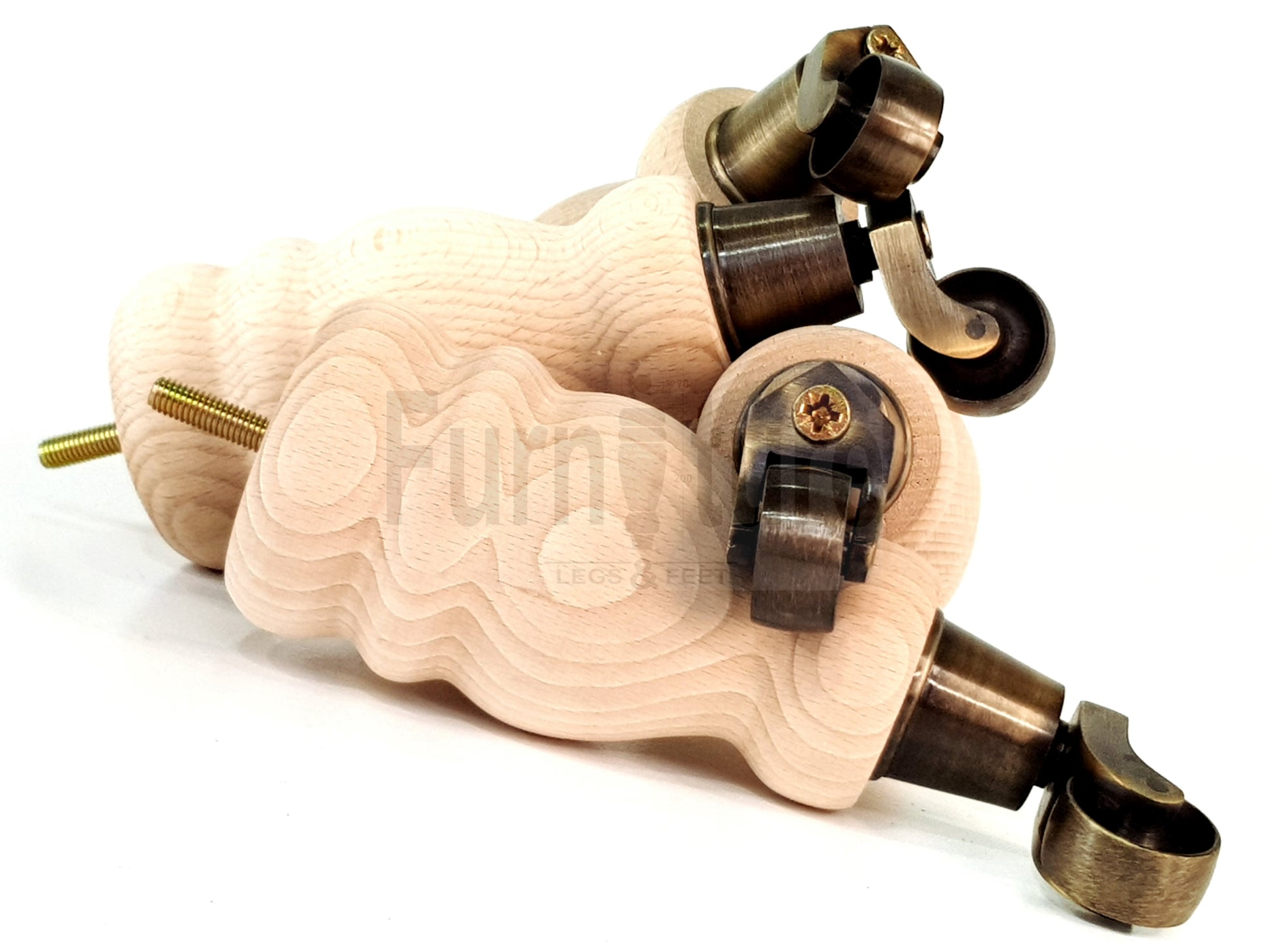 Set Of 4 Wooden Turned Replacement Furniture Legs 200mm High With Antique Brass Castor Wheels 8mm Thread