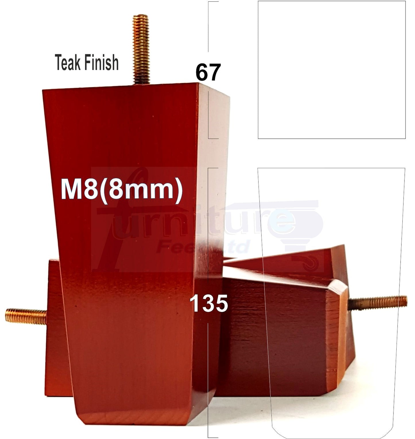 4x Block Wood Sofa Legs 135mm High Replacement Furniture Feet Chairs Cabinets M8(8mm)
