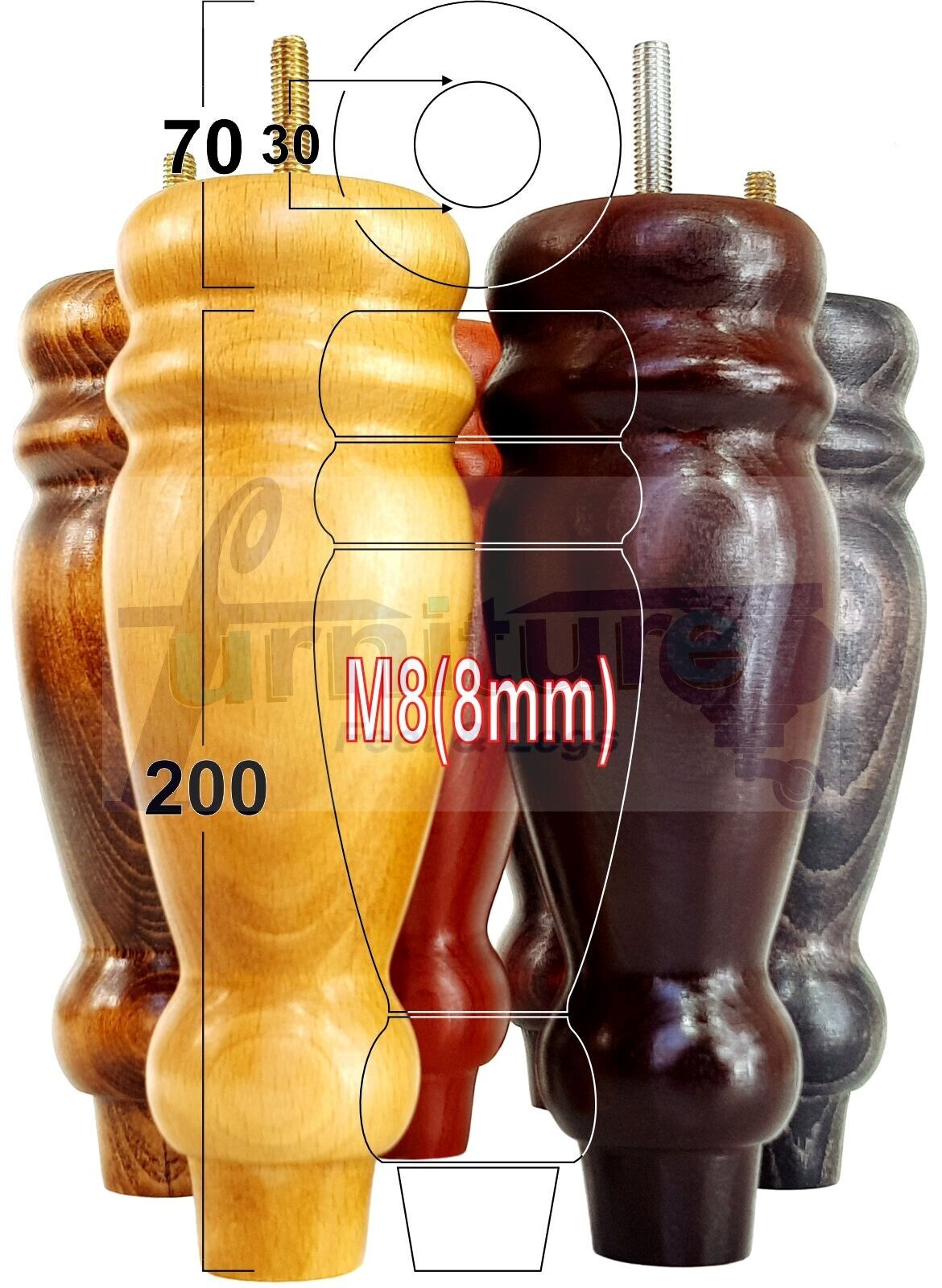 Set Of 4 Turned Furniture Legs Replacement Sofa Feet 200mm High M8 Thread