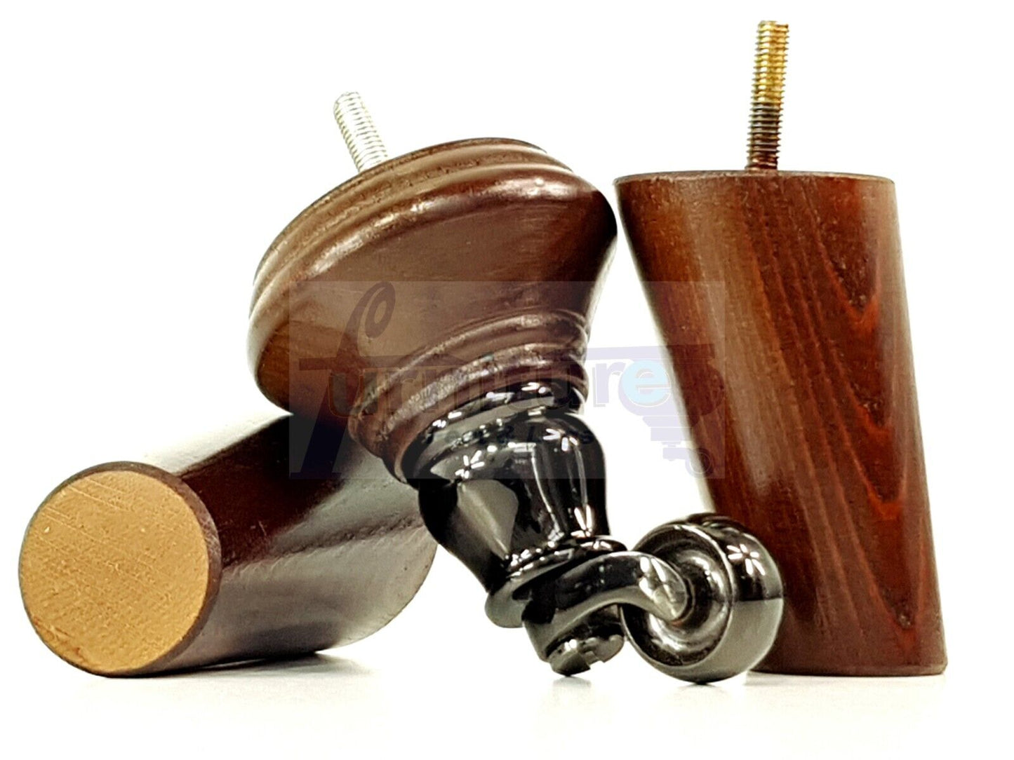 2 Antique Brown Wood Furniture Sofa Legs With Castor 125mm & 2 Angled Back Feet Chair Settee 100mm High M8