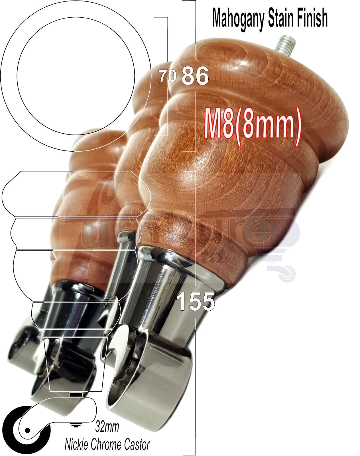 4 Turned Wood Furniture Feet With Black Chrome Castors 155mm Legs Sofas Chairs Stools Cabinets Beds M8 6 Inches