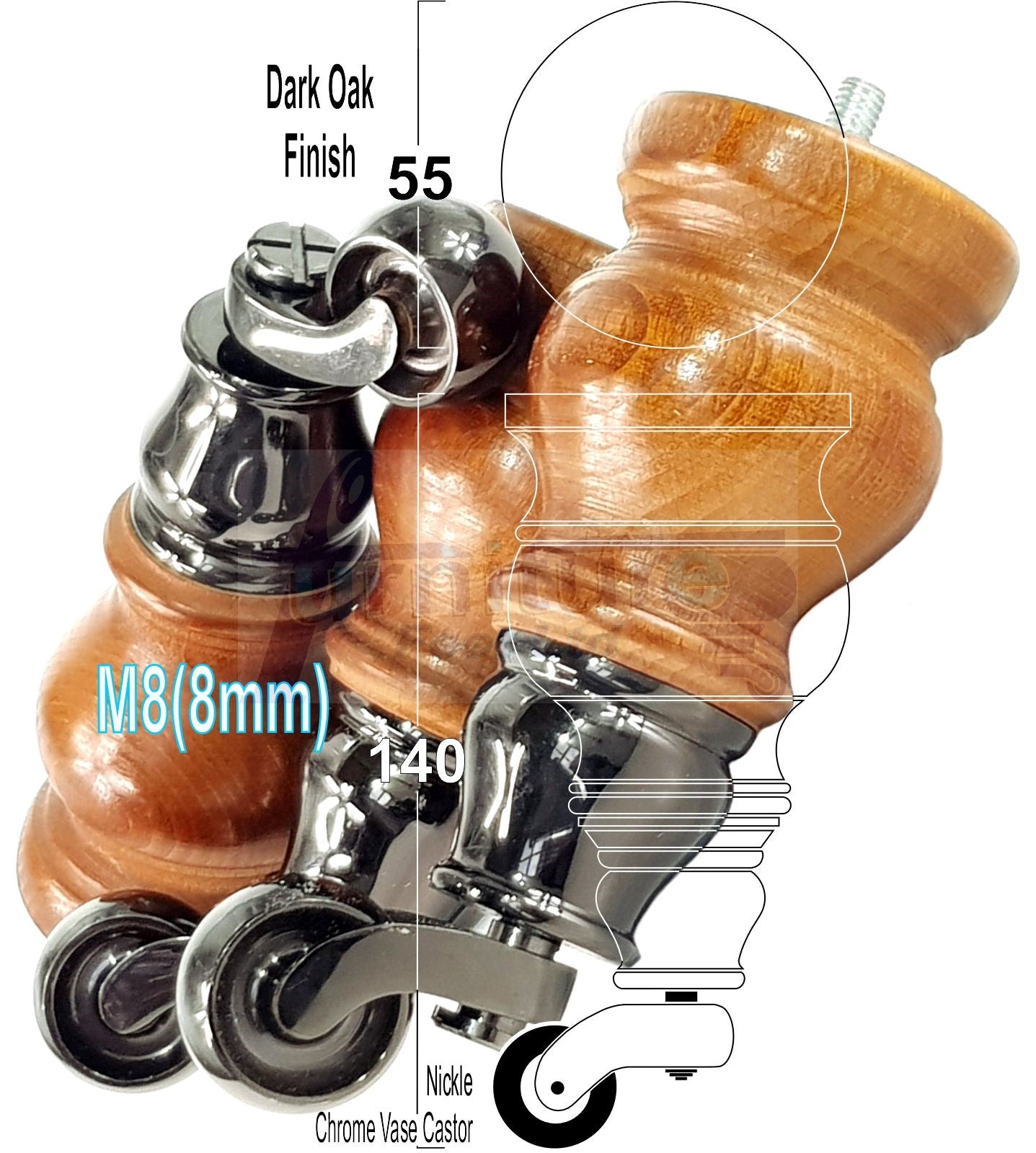 Set Of 4 Turned Wood Furniture Legs With 150mm High Castor 8mm Thread For Chairs Settees & Cabinets Dark Oak Finish