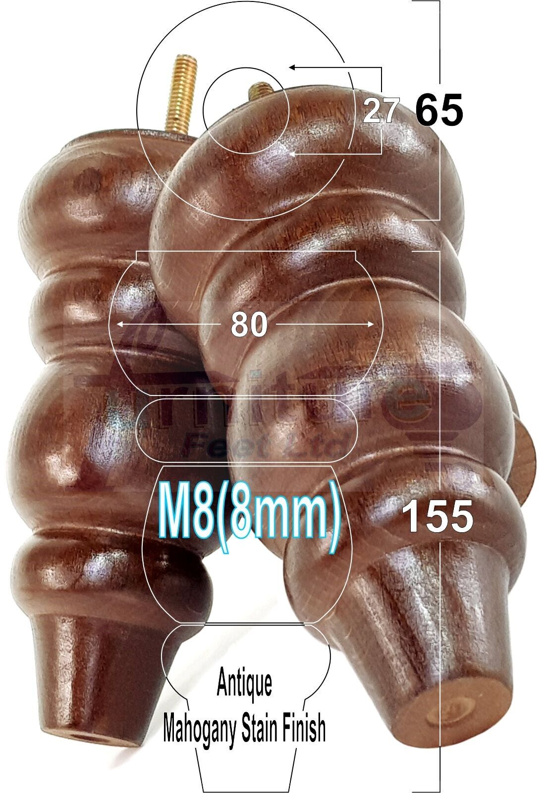 4 Solid Turned Wood Furniture Sofa Leg M8 Chair Settee Footstool Feet 155mm High