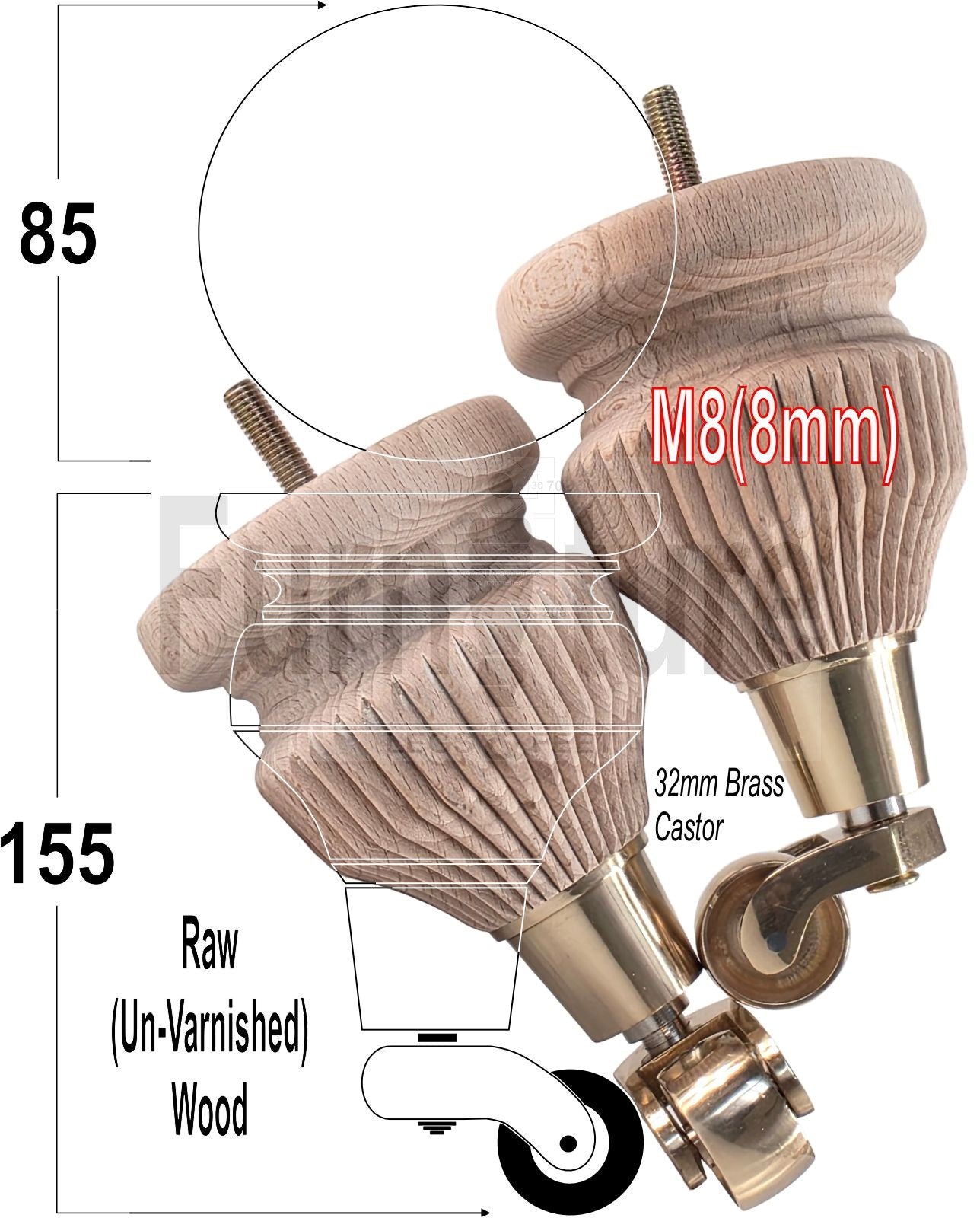 Wood Furniture Legs Replacement Feet 6 Inches with Castors 155mm High M8 Dowl Fixing - Raw Wood