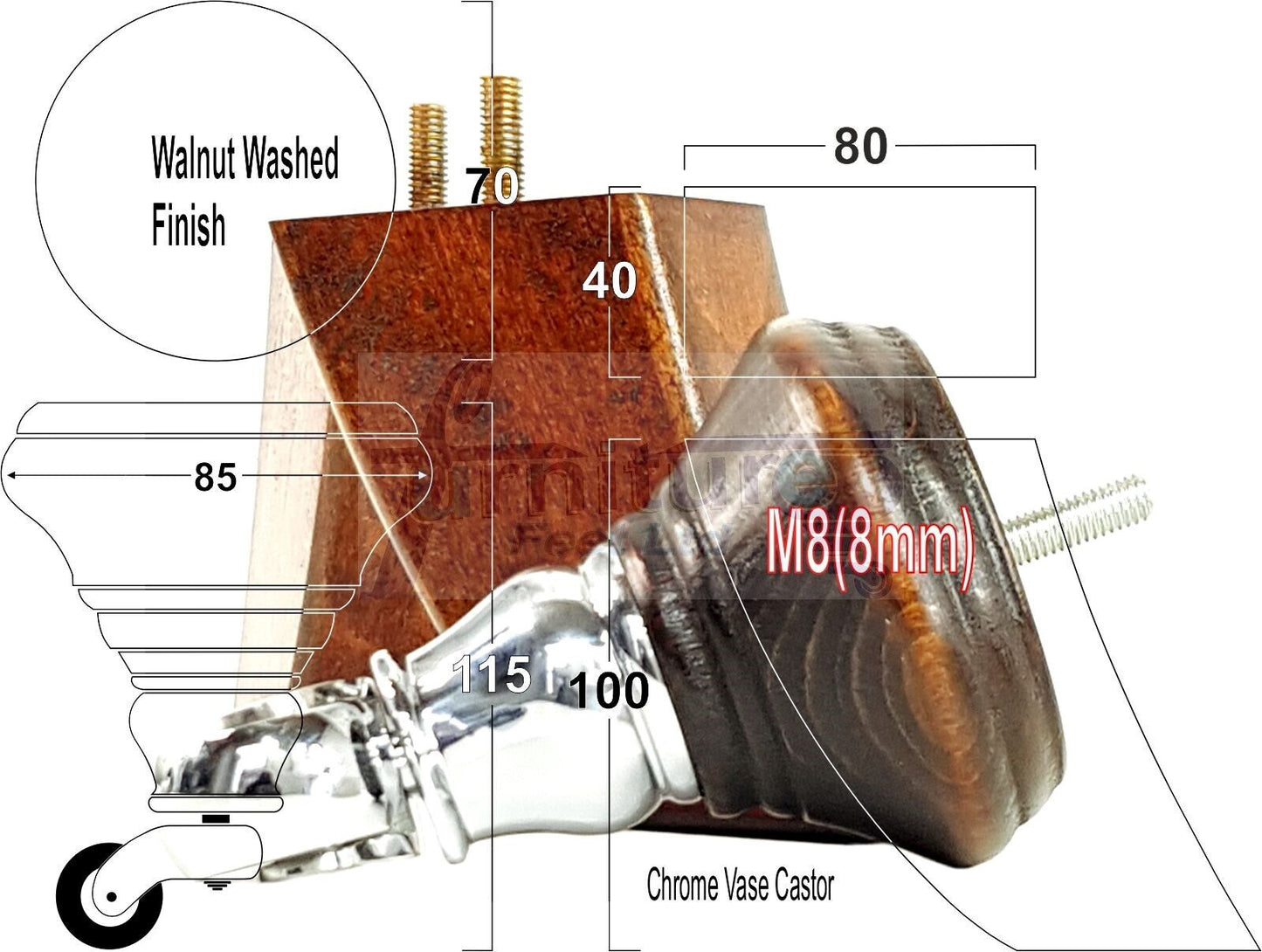 2 Dark Walnut Washed Wood Furniture Sofa Feet With Castor 125mm & 2 Curved Legs Chair Settee 100mm High M8