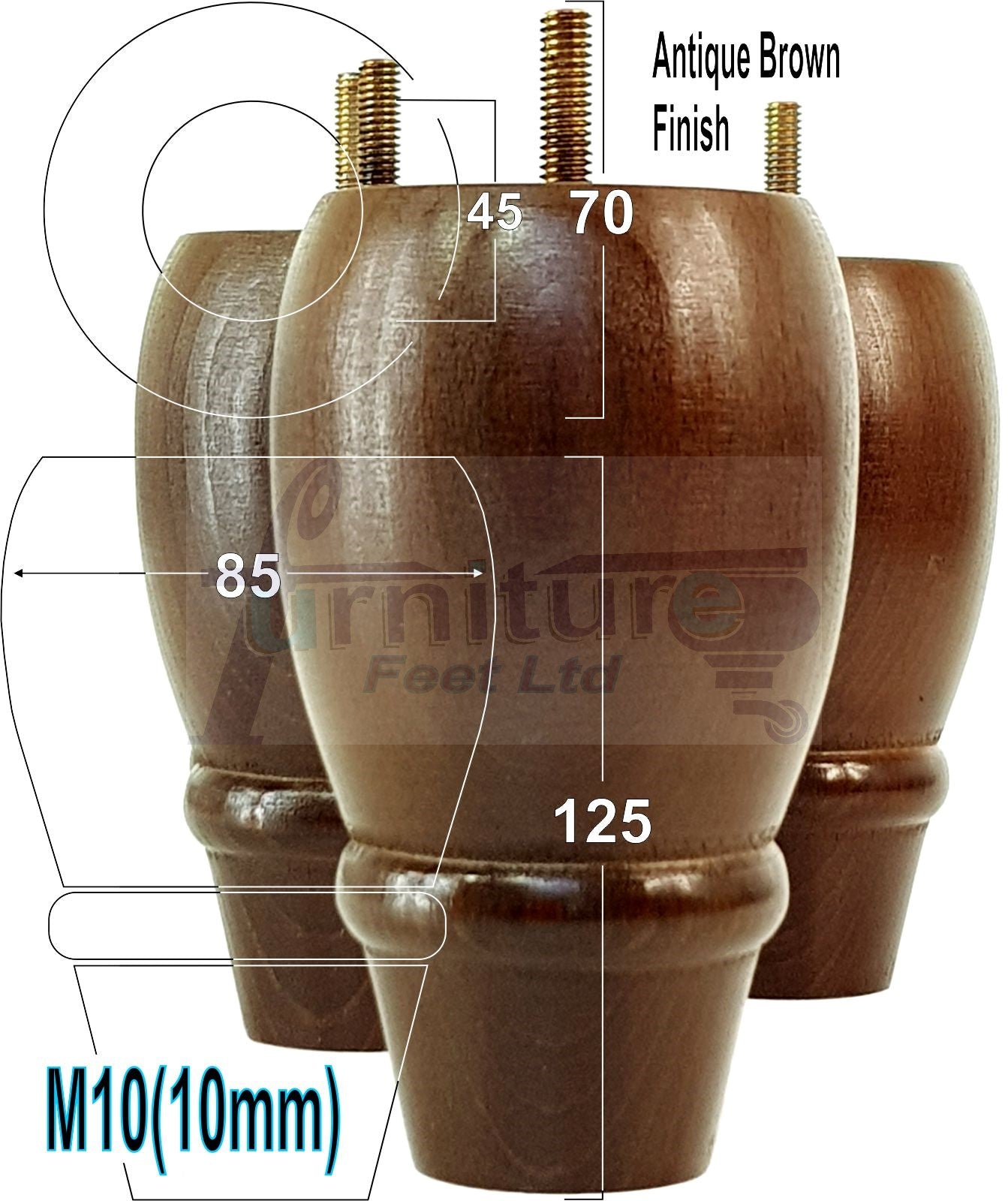 4x Wooden Turned Replacement Furniture Legs 125mm High Settee and Cabinet Feet 10mm Thread