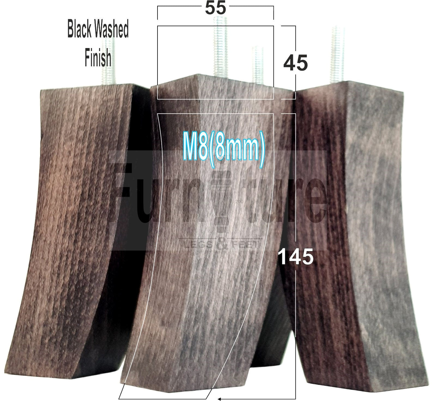 Set Of 4 Solid Wood Curved Furniture Feet Replacement Legs 145mm High M8(8mm)