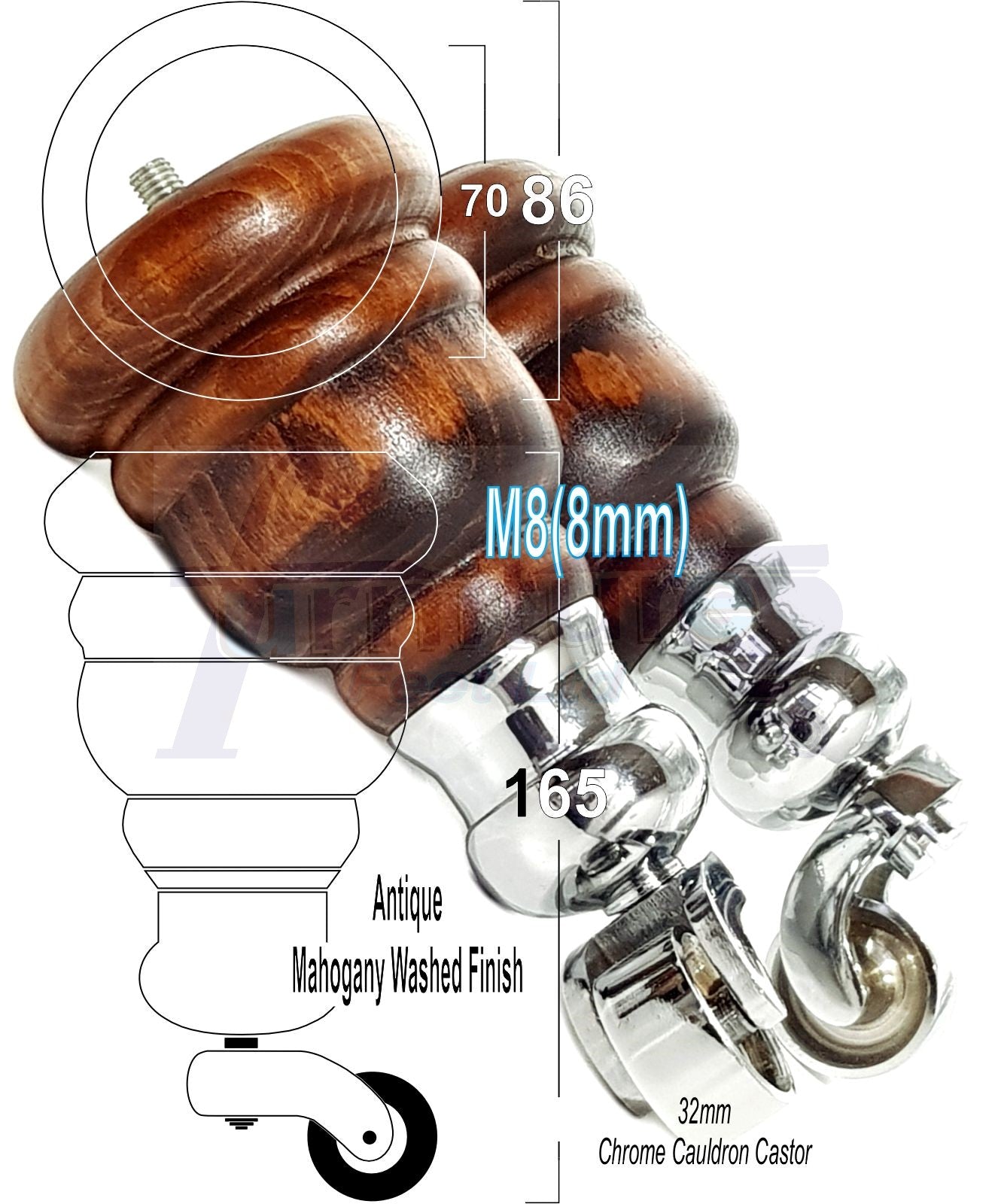 4 Turned Wood Furniture Feet With Chrome Cauldron Castors 155mm Legs Sofas Chairs Stools Cabinets Beds M8 6 Inches