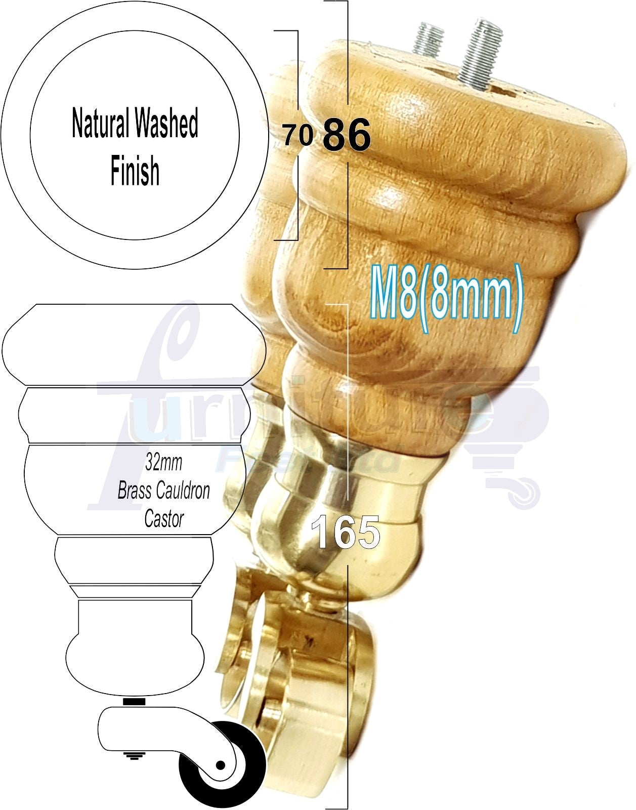 4 Turned Wood Furniture Feet With Brass Cauldron Castors 160mm Legs Sofas Chairs Stools Cabinets Beds M8 6 Inches