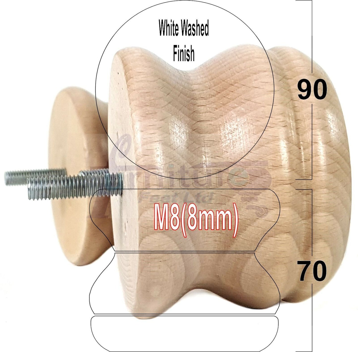 4x Turned Solid Wood Furniture Legs Replacement Bun Feet 70mm High 8mm Thread