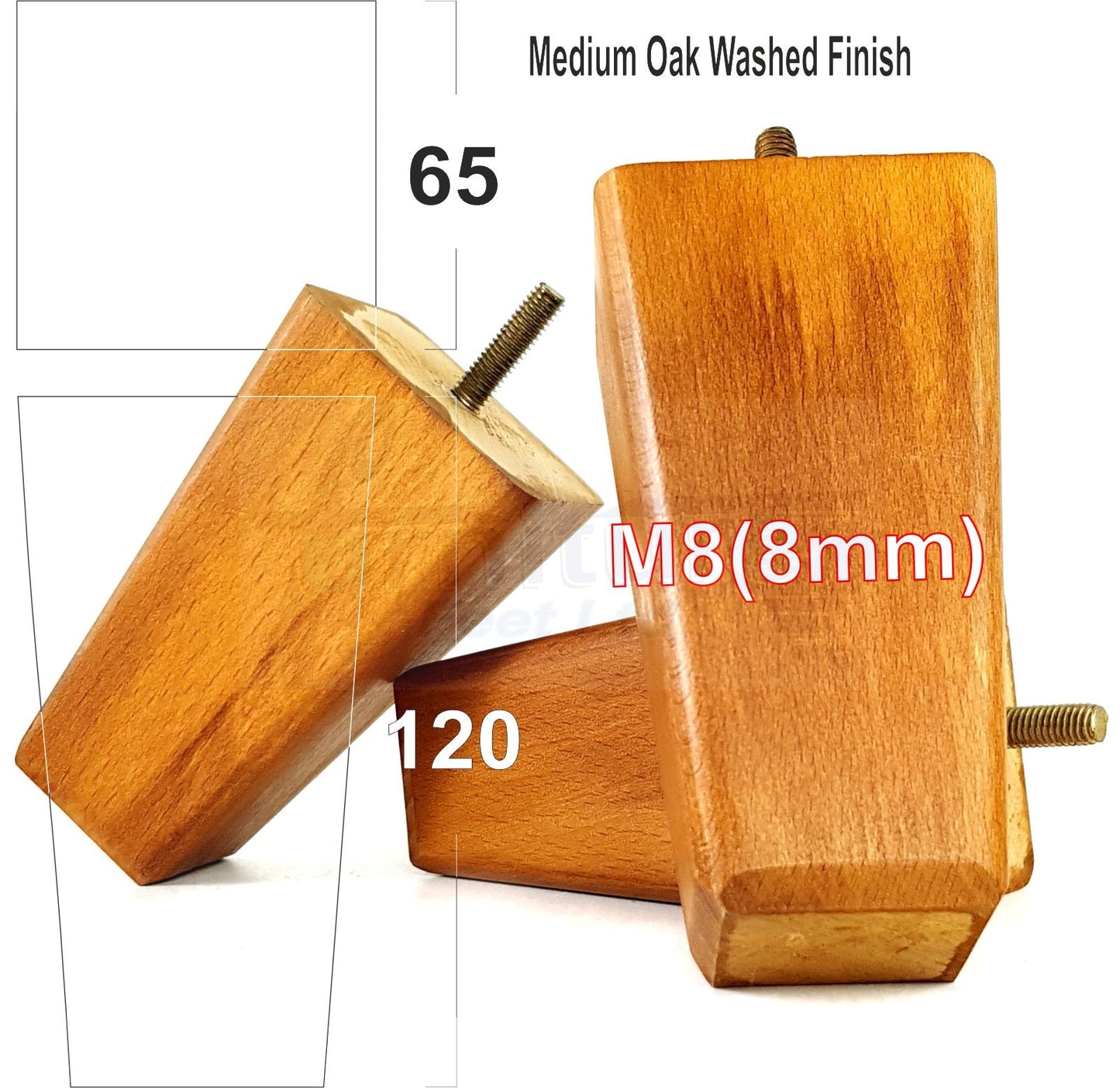 4x Wooden Furniture Legs 120mm High Replacement Square Tapered Feet 8mm