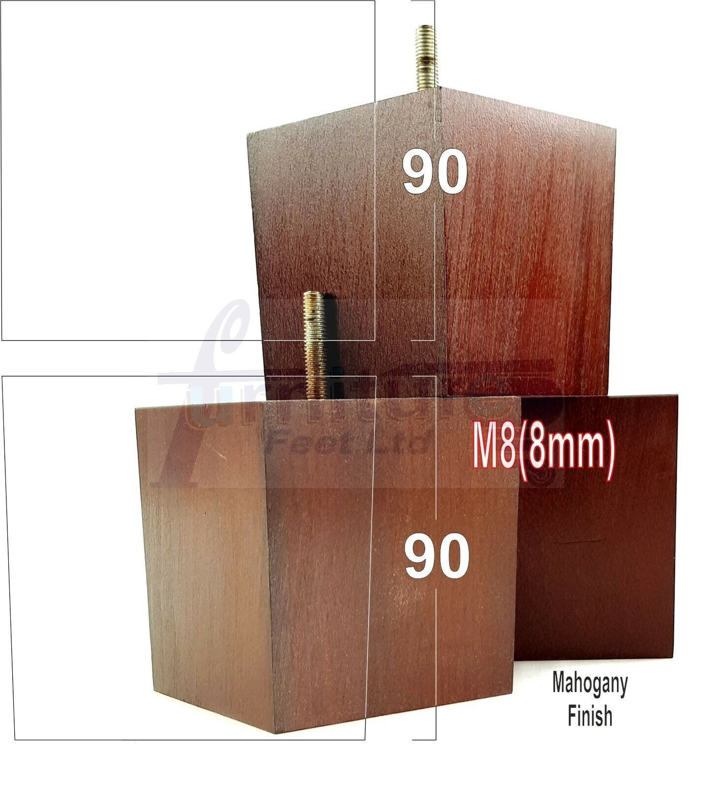 4x Solid Wood Square Feet Replacement Block Legs 90mm High Furniture Chairs Stools Sofa Beds Settee Cabinets 8mm Thread