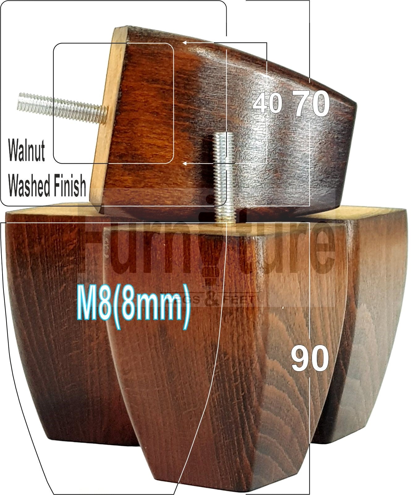 Set Of 4 Solid Wooden Block Furniture Feet Replacement Legs 90mm High M8(8mm)