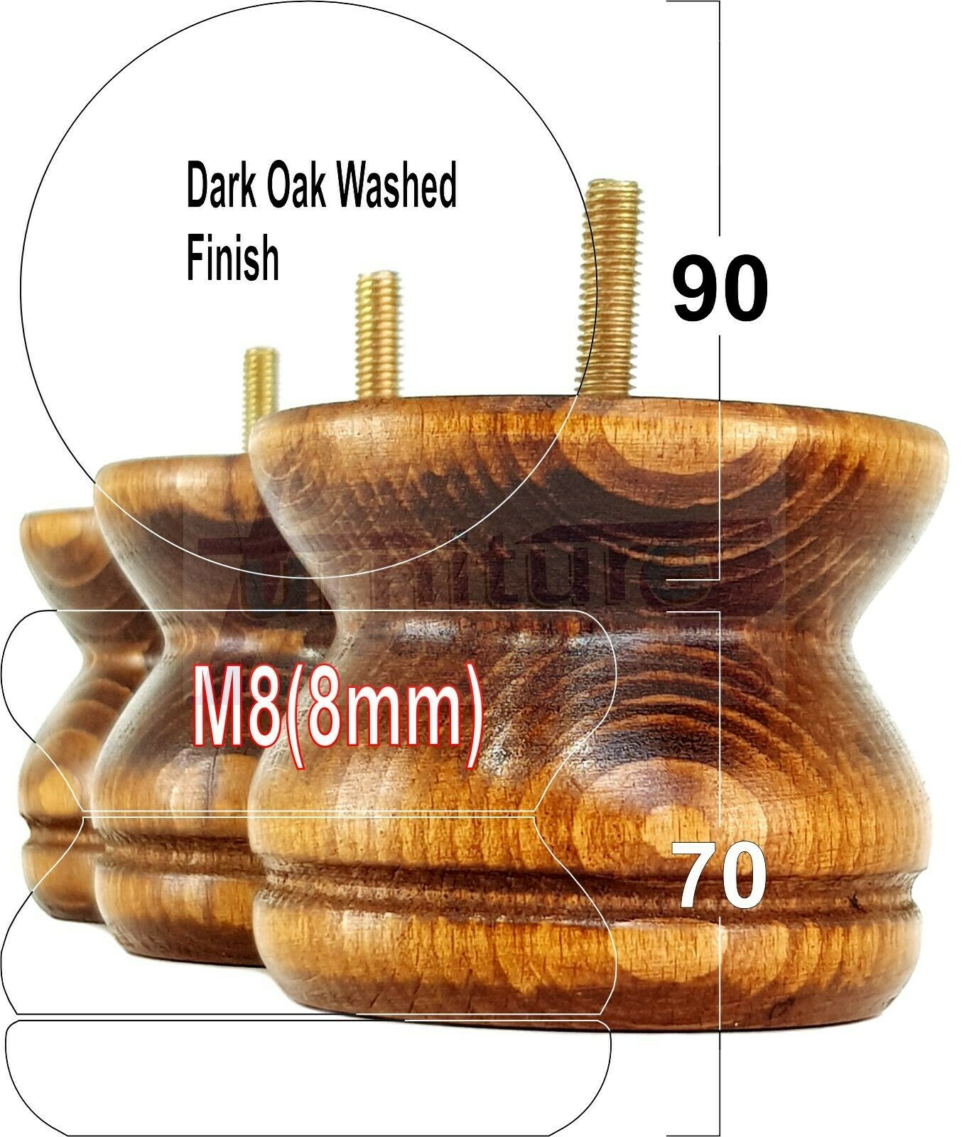 4x Turned Solid Wood Furniture Legs Replacement Bun Feet 70mm High 8mm Thread