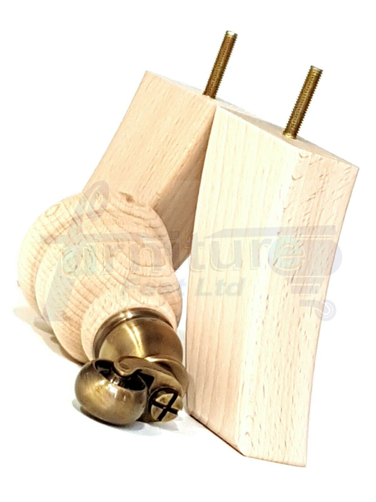 Turned Raw Wood Furniture Feet 2 With Castors 155mm and 2 Curved Back Legs Sofas Chairs Stools Cabinets Beds M8 6 Inches