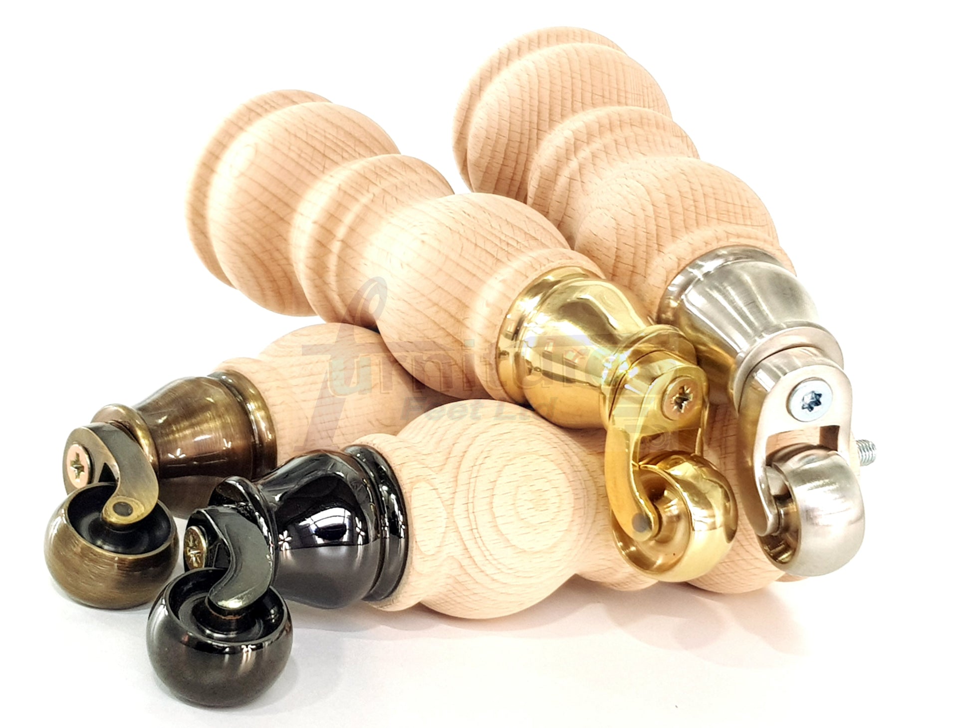 4 Turned Wood Furniture Feet With Castor 205mm High Legs Raw Wood M8 Sofas Chairs Stools Cabinets 8 Inches Tall 