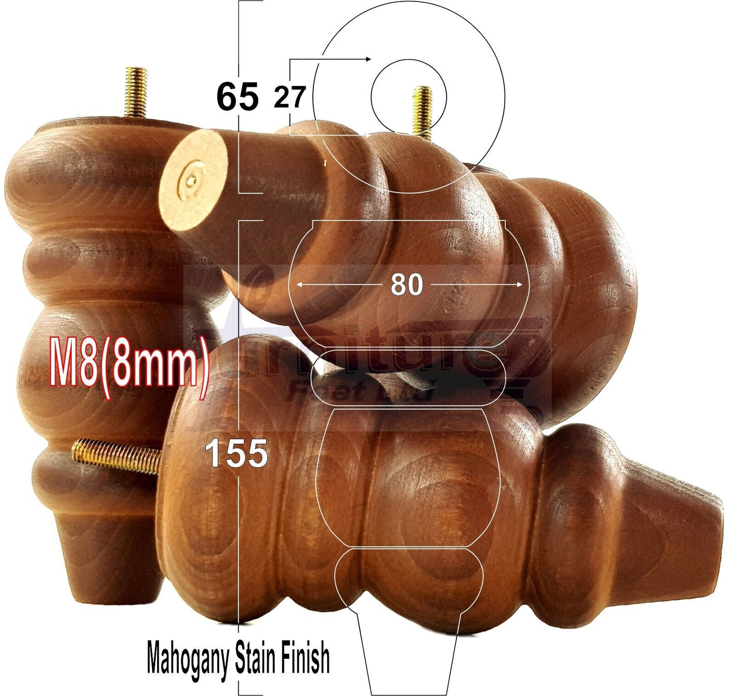 4 Solid Turned Wood Furniture Sofa Leg M8 Chair Settee Footstool Feet 155mm High