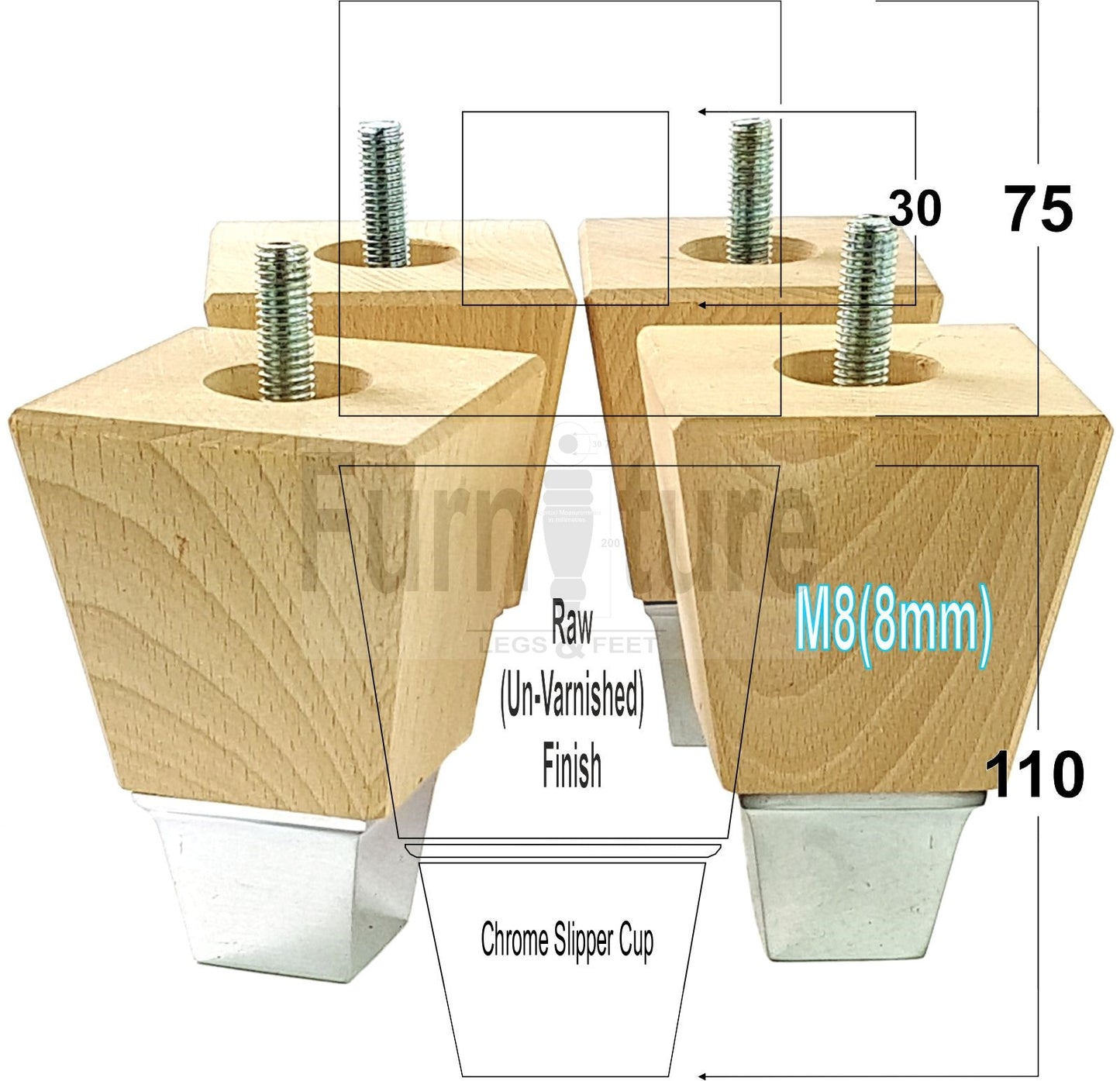 4x Block Wood With A Chrome Slipper Cup Furniture Chair Settee Legs M8 Sofa Feet 110mm