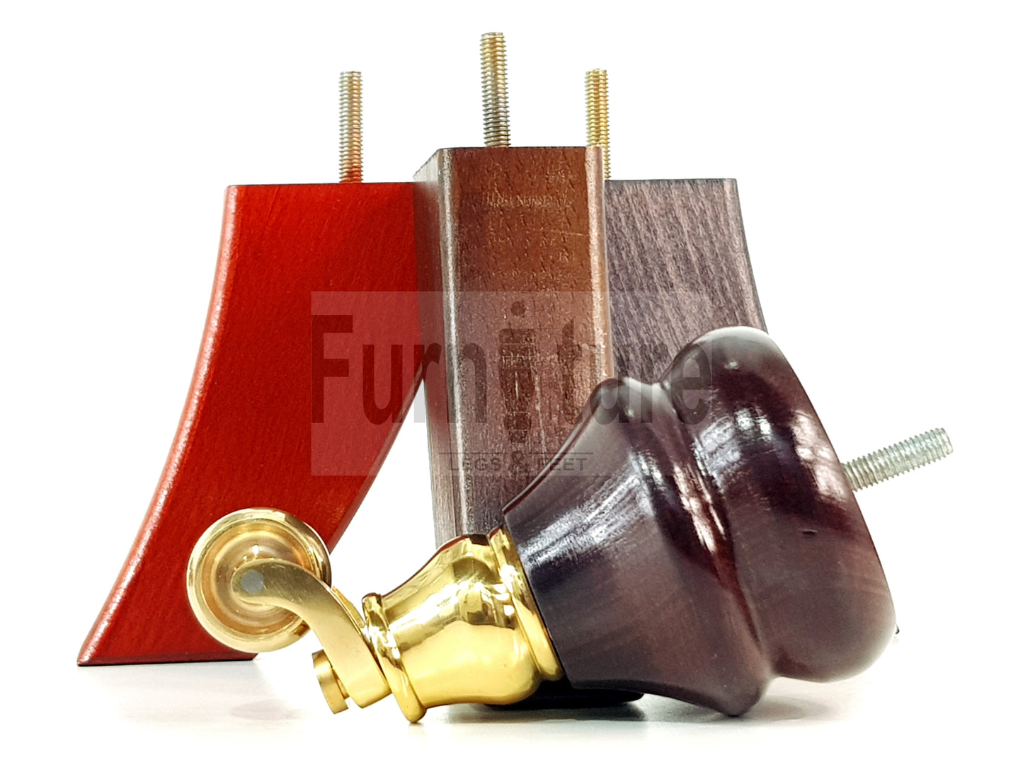 Turned Wood Furniture Feet 2 With Brass Castors 140mm & 2 Curved Back Legs Sofas Cabinets Beds 8mm Thread