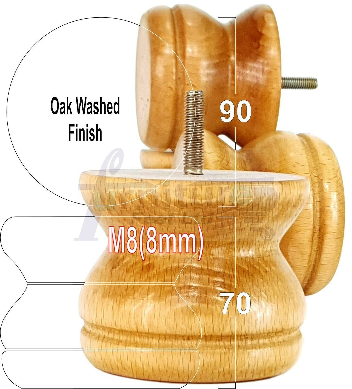 4x Turned Solid Wood Furniture Legs Replacement Bun Feet 70mm High 8mm Thread
