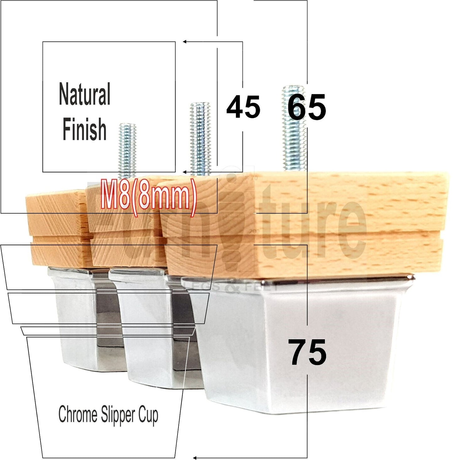 4x Wood Furniture Sofa Legs M8 Replacement Chair Settee Feet & Chrome Metal Slipper Cup 75mm