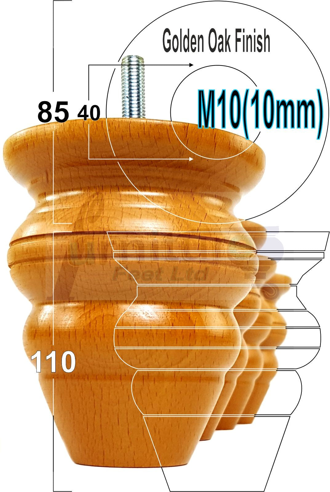 4 Turned Wood Furniture Legs Replacement Feet 110mm High Chairs Stools Sofa's Beds Settee M10 Thread