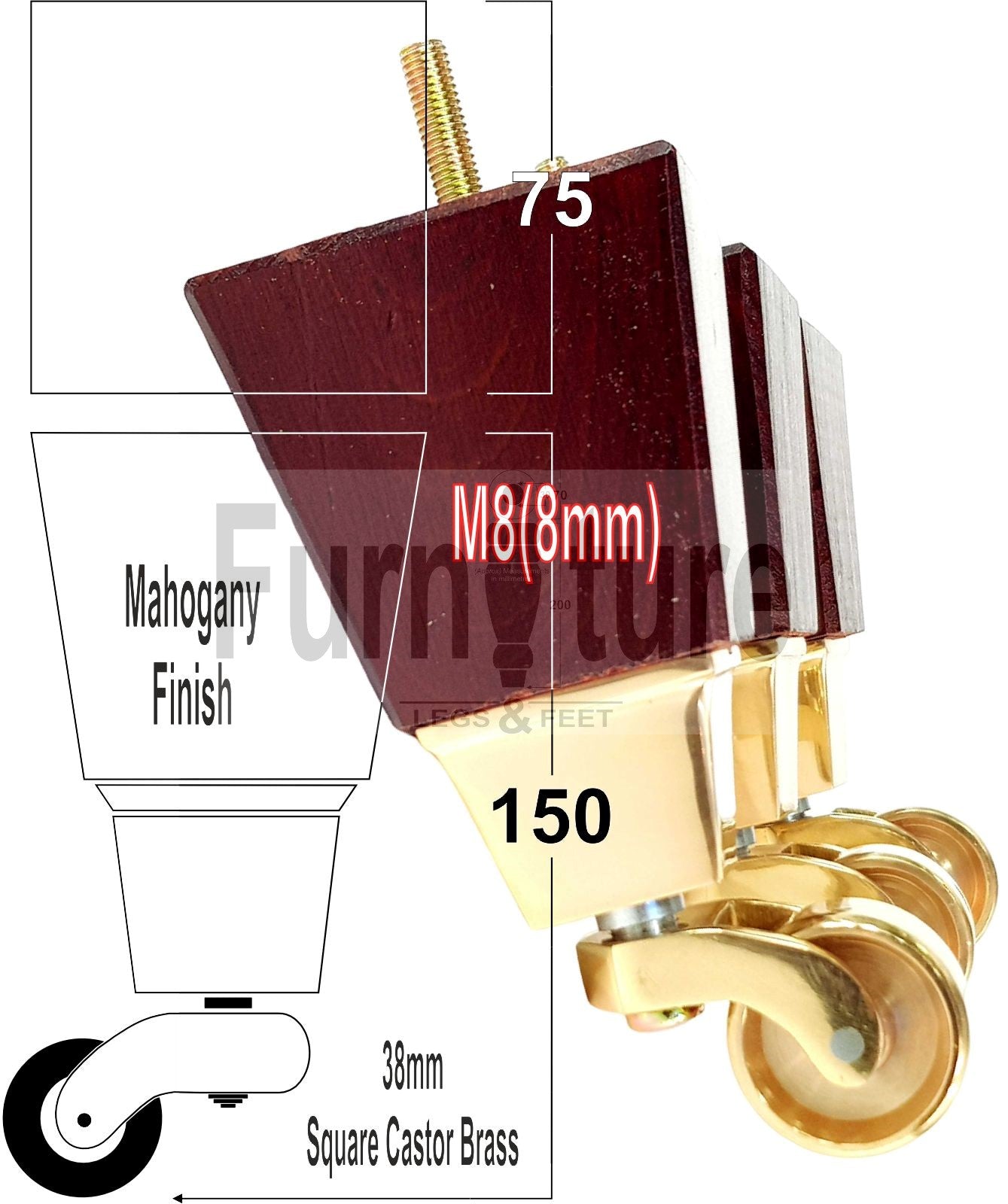 4x Block Wood With Castor Furniture Legs 8mm Thread For Chairs Settees Sofa 150mm