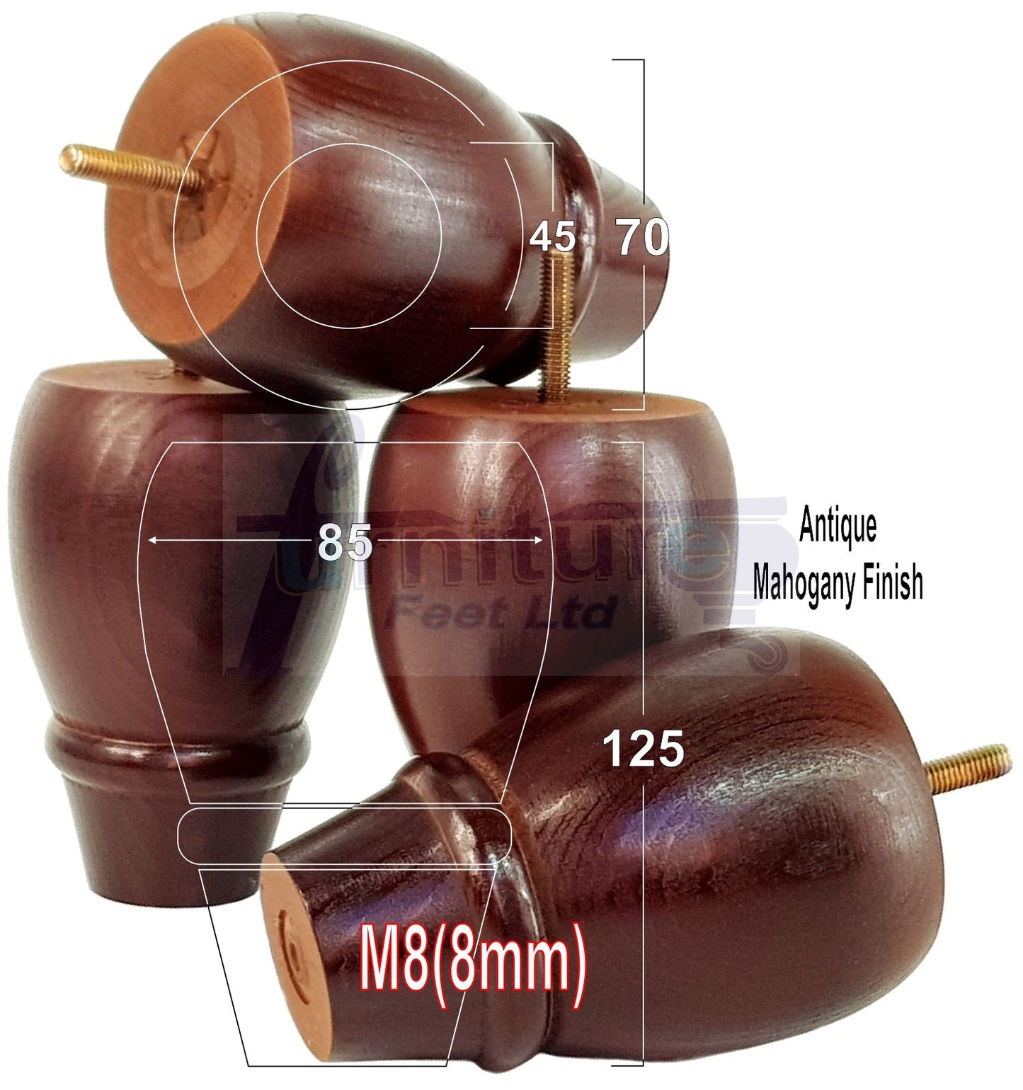 Set Of 4 Solid Wood Turned Replacement Furniture Legs 125mm High 8mm Thread