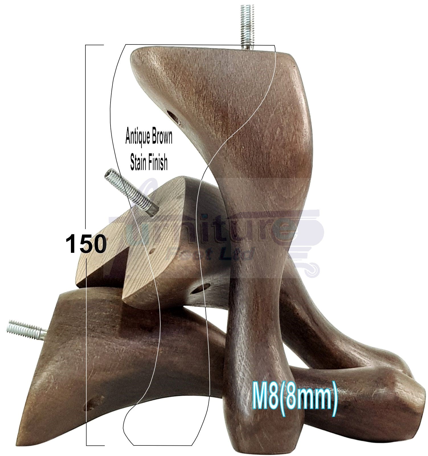 4 Solid Wood Furniture Feet 150mm High Queen Anne Replacement Legs M8 (8mm) 6 Inches Chair Stools Bed Sofa Georgian Style
