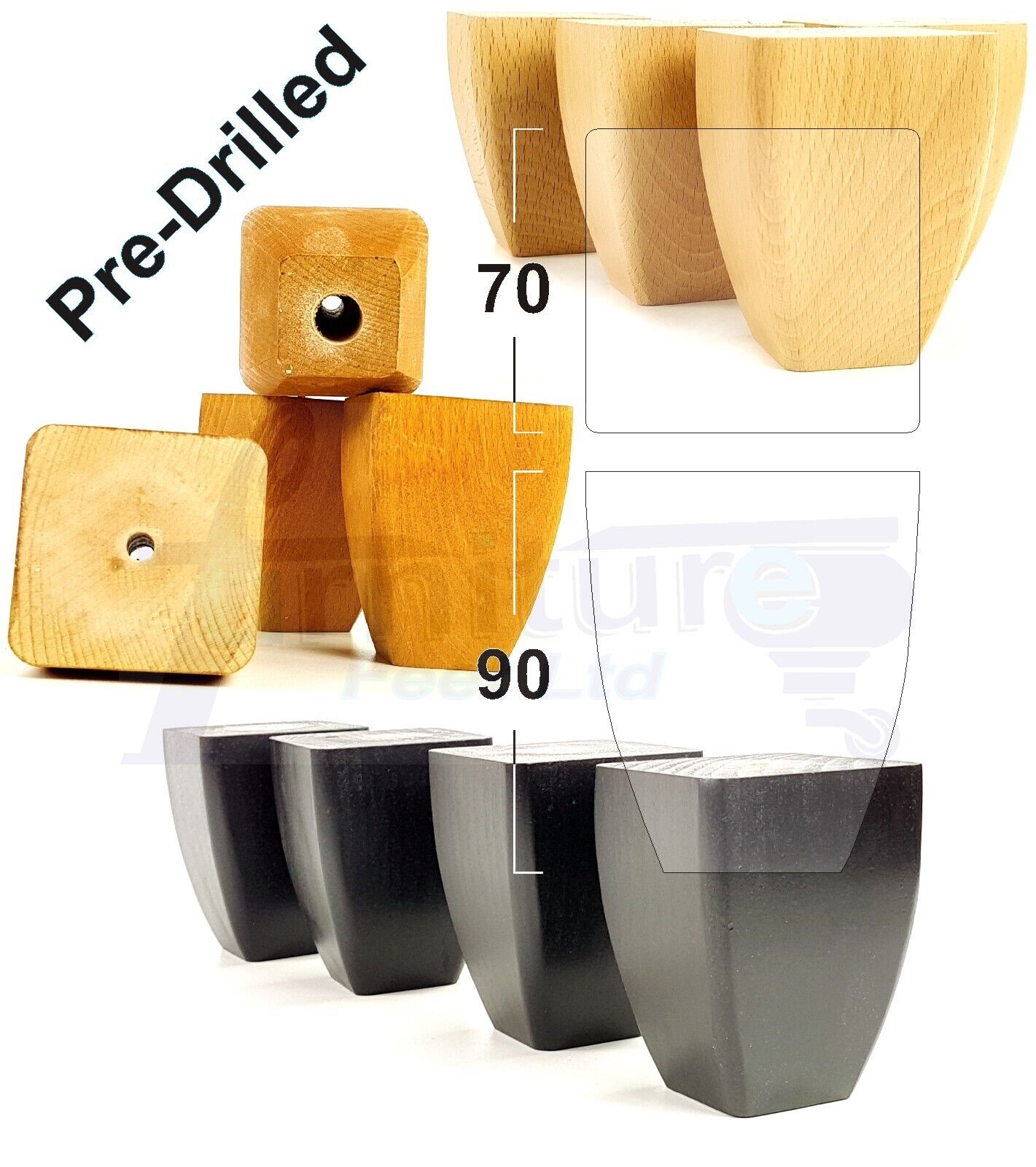 4x Solid Wooden Block Furniture Feet Replacement Legs 90mm High Self-Fix