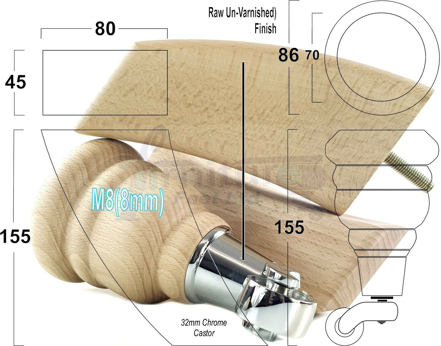 Turned Raw Wood Furniture Feet 2 With Castors 155mm and 2 Curved Back Legs Sofas Chairs Stools Cabinets Beds M8 6 Inches