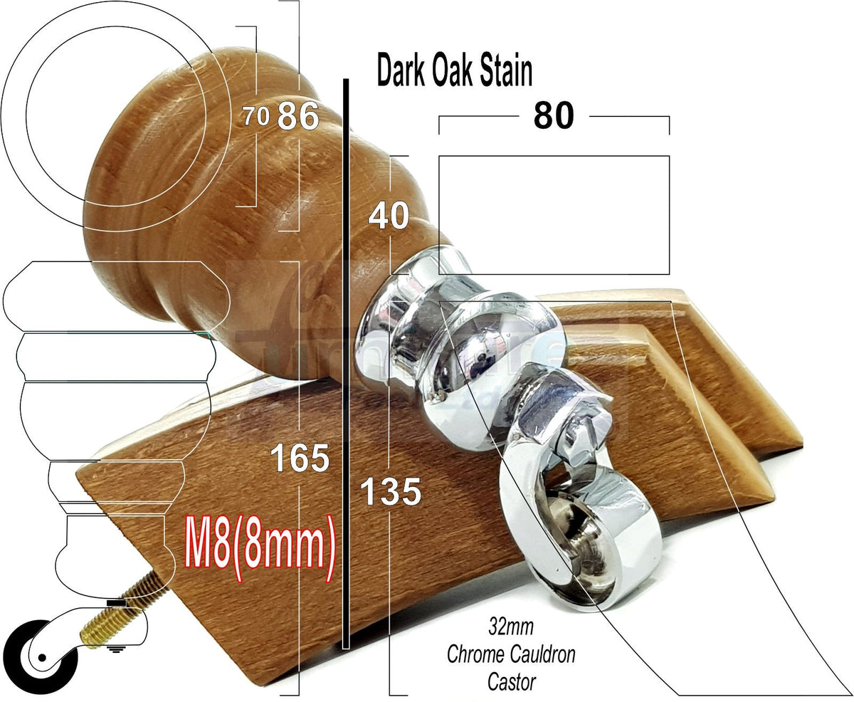 Dark Oak Stain Turned Wood Furniture Legs 2x with Castors 155mm 6 Inches High and 2x Curved Back Legs M8 Fixing