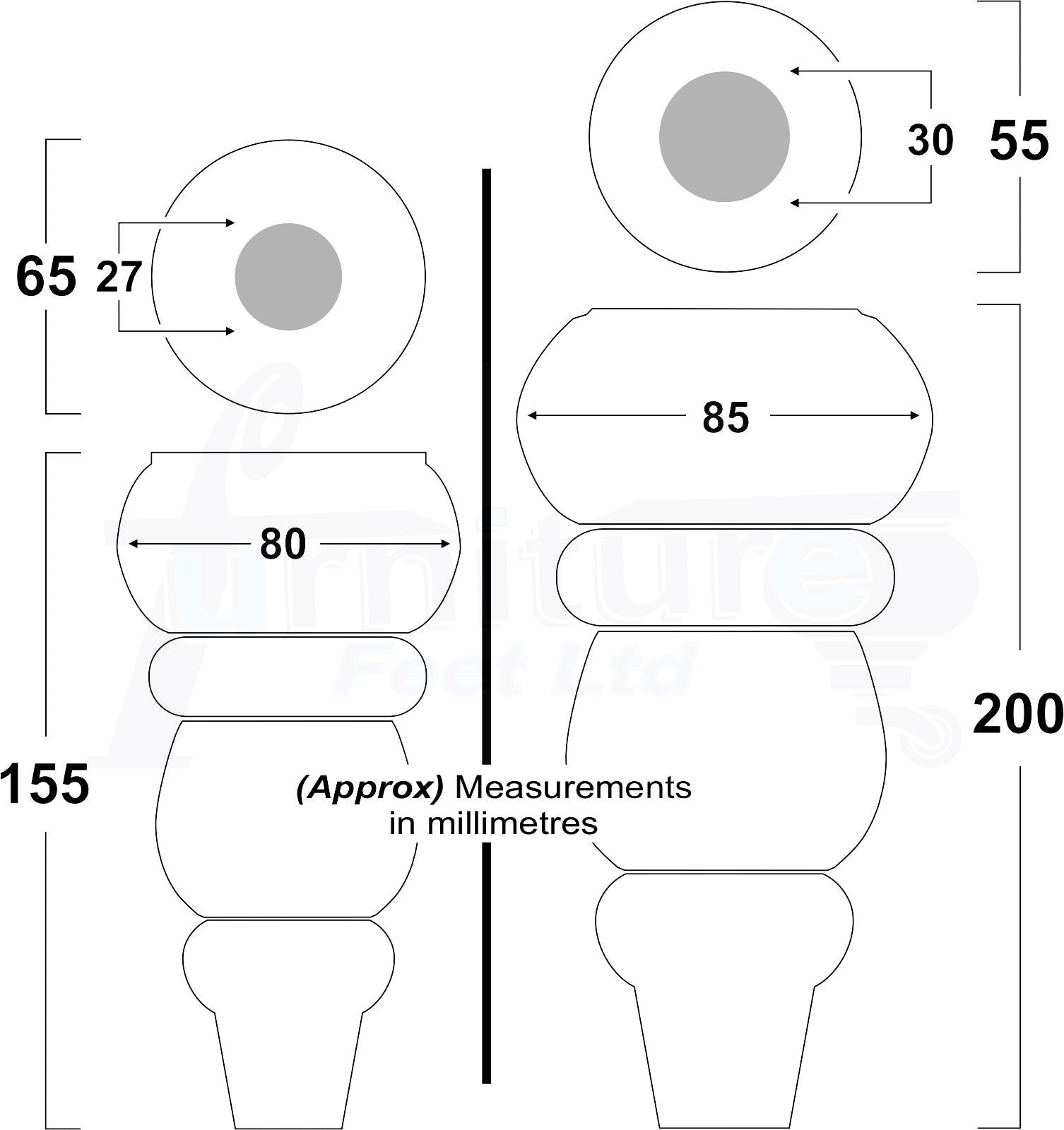 4 Solid Wood Furniture Legs Replacement Turned Feet 200mm High M8(8mm) Thread: Black