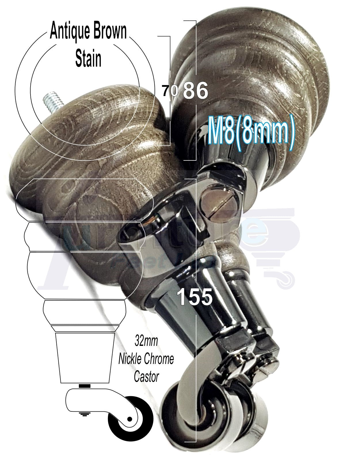 4 Turned Wood Furniture Feet With Black Chrome Castors 155mm Legs Sofas Chairs Stools Cabinets Beds M8 6 Inches