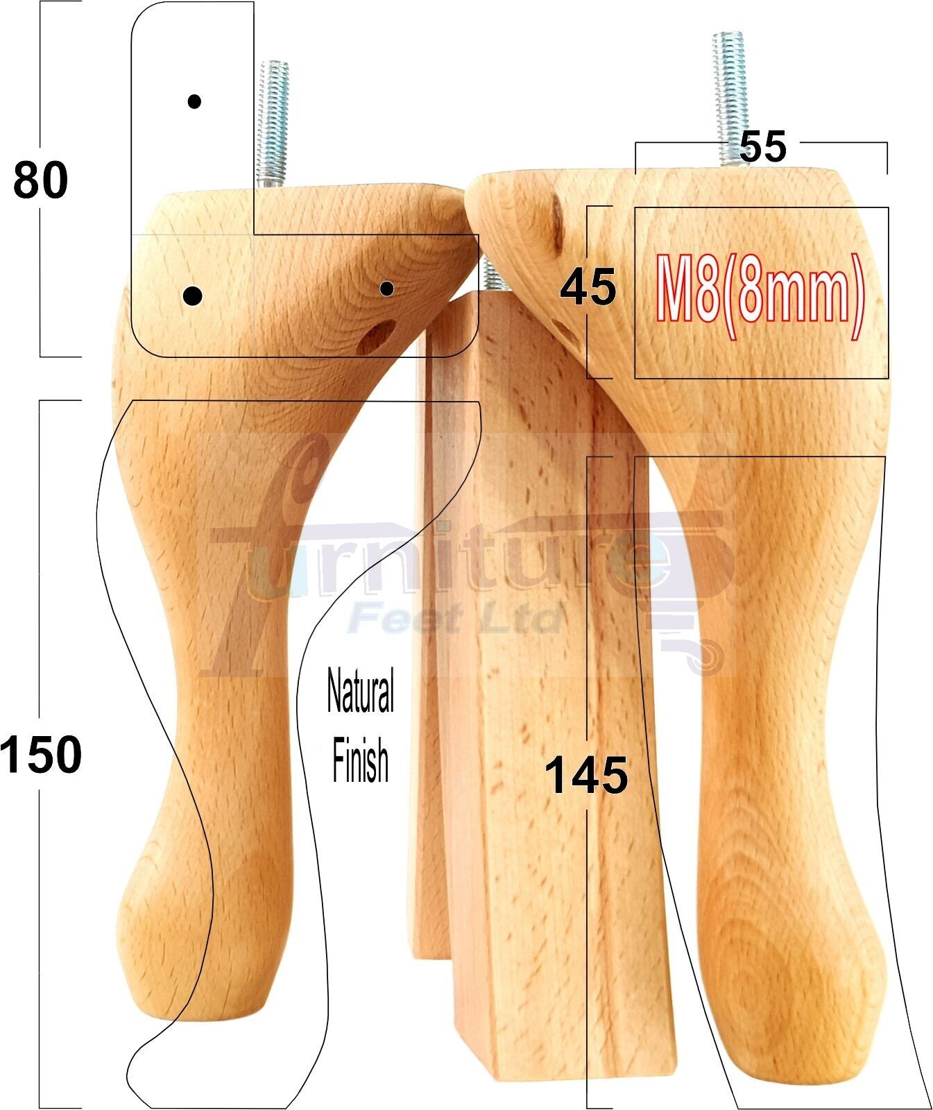 2x Vintage Queen Anne Replacement Furniture Legs & 2x Curved Back Feet 150mm 6 Inch High 8mm Thread