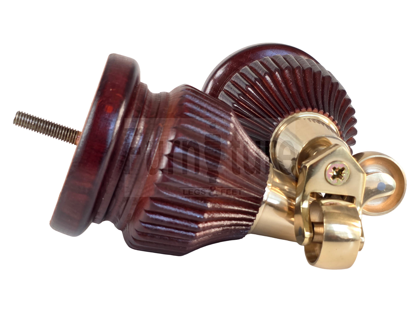 Wood Furniture Legs Replacement Feet 6 Inches with Brass Castors 155mm High M8 Dowl Fixing - Mahogany Finish