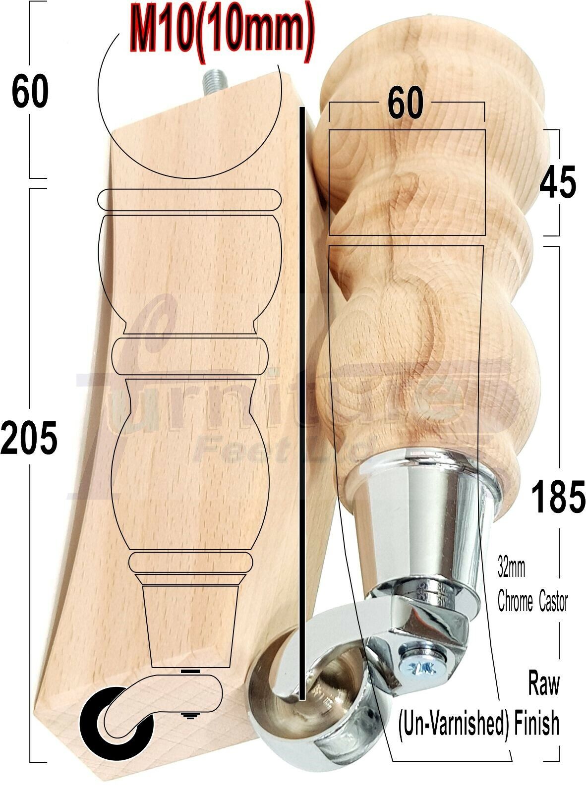 2x Wood Furniture Castor Settee Feet & 2x Curved Legs 10mm Thread 205mm High Raw (Un-Varnished) For Sofas Chairs Stools Cabinets & Beds