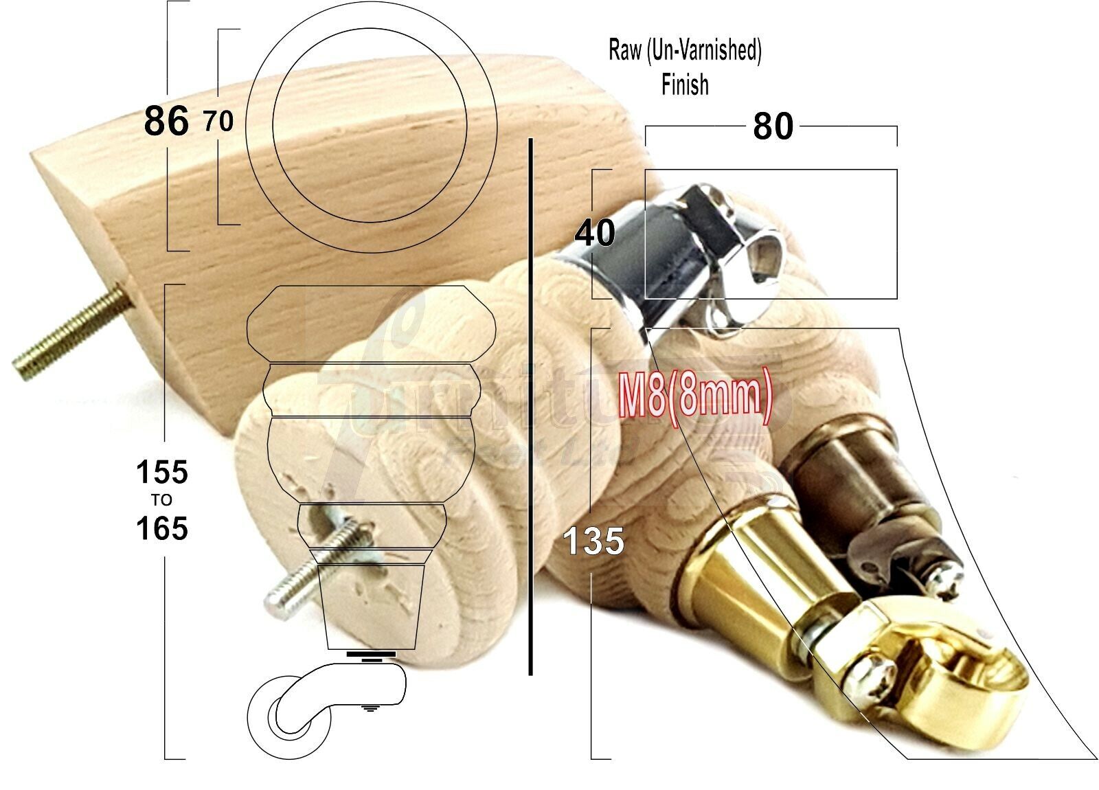 Turned Furniture Feet 2 With Castors 155mm and 2 Curved Back Legs Raw Wood for Sofas Chairs Stools Cabinets Beds M8 6 Inches
