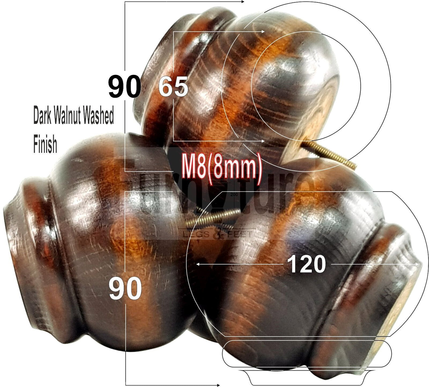 Set Of 4 Turned Wooden Furniture Legs Replacement Feet 90mm High 8mm Thread