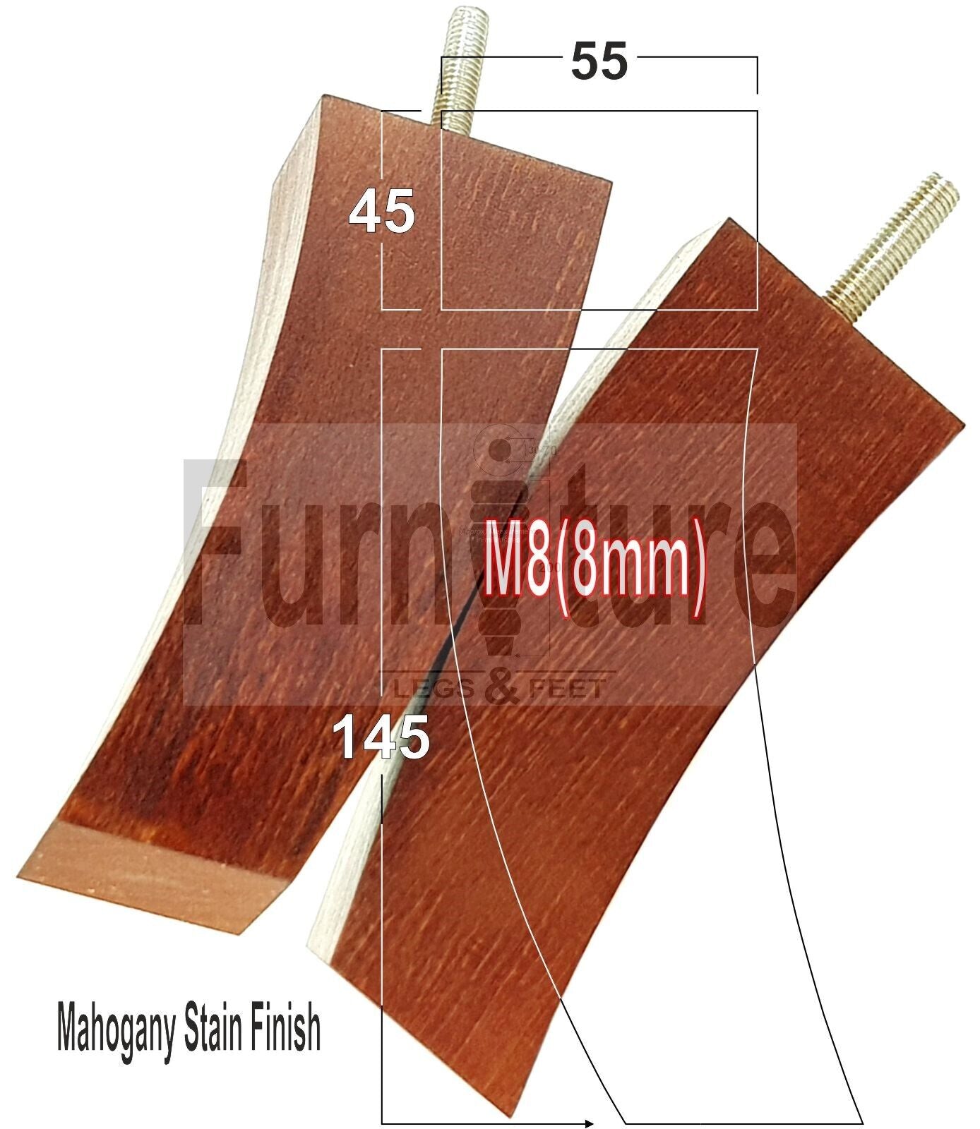 Set Of 4 Solid Wood Curved Furniture Feet Replacement Legs 145mm High M8(8mm)
