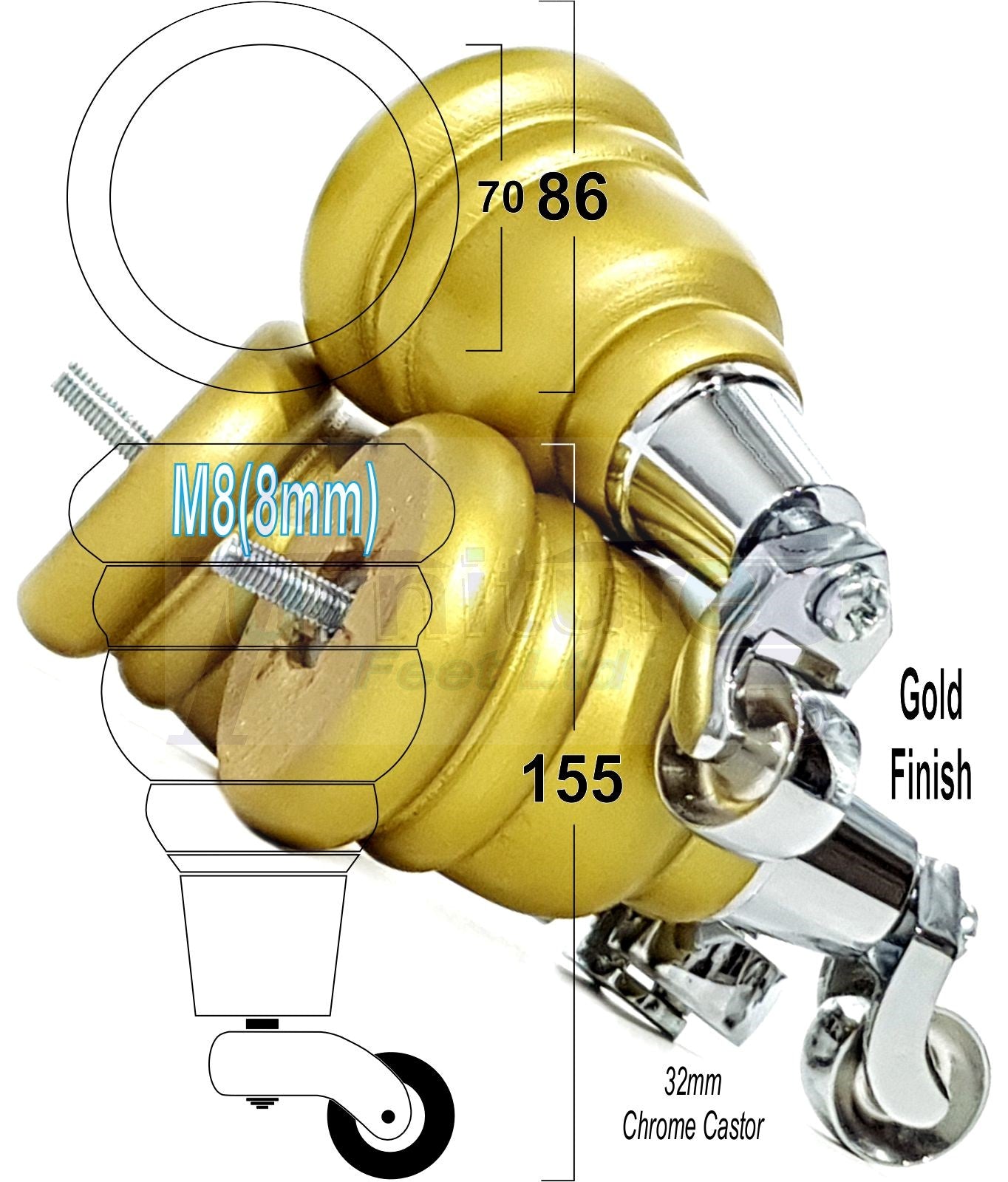 4 Turned Wood Furniture Feet With Chrome Castors 155mm Legs Sofas Chairs Stools Cabinets Beds M8 6 Inches