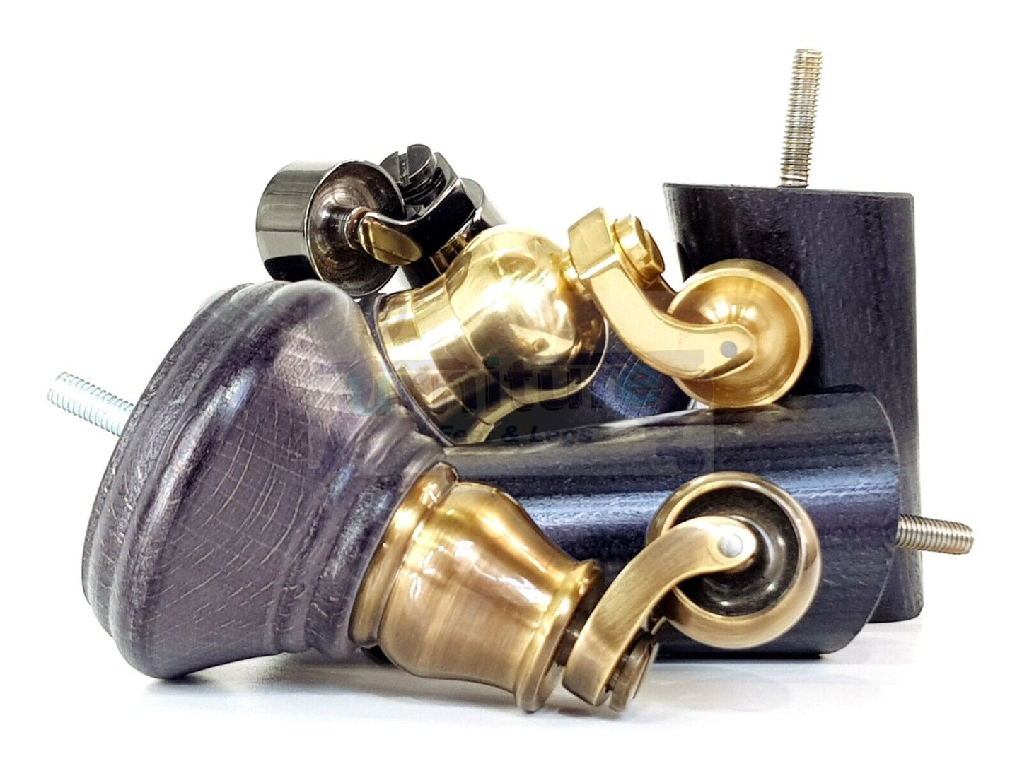 2 Black Stain Wood Furniture Sofa Legs With Castor 125mm & 2 Angled Back Feet Chair Settee 100mm High M8