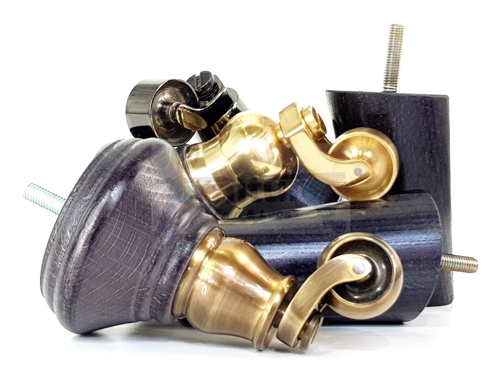 2 Black Stain Wood Furniture Sofa Legs With Castor 125mm & 2 Angled Back Feet Chair Settee 100mm High M8