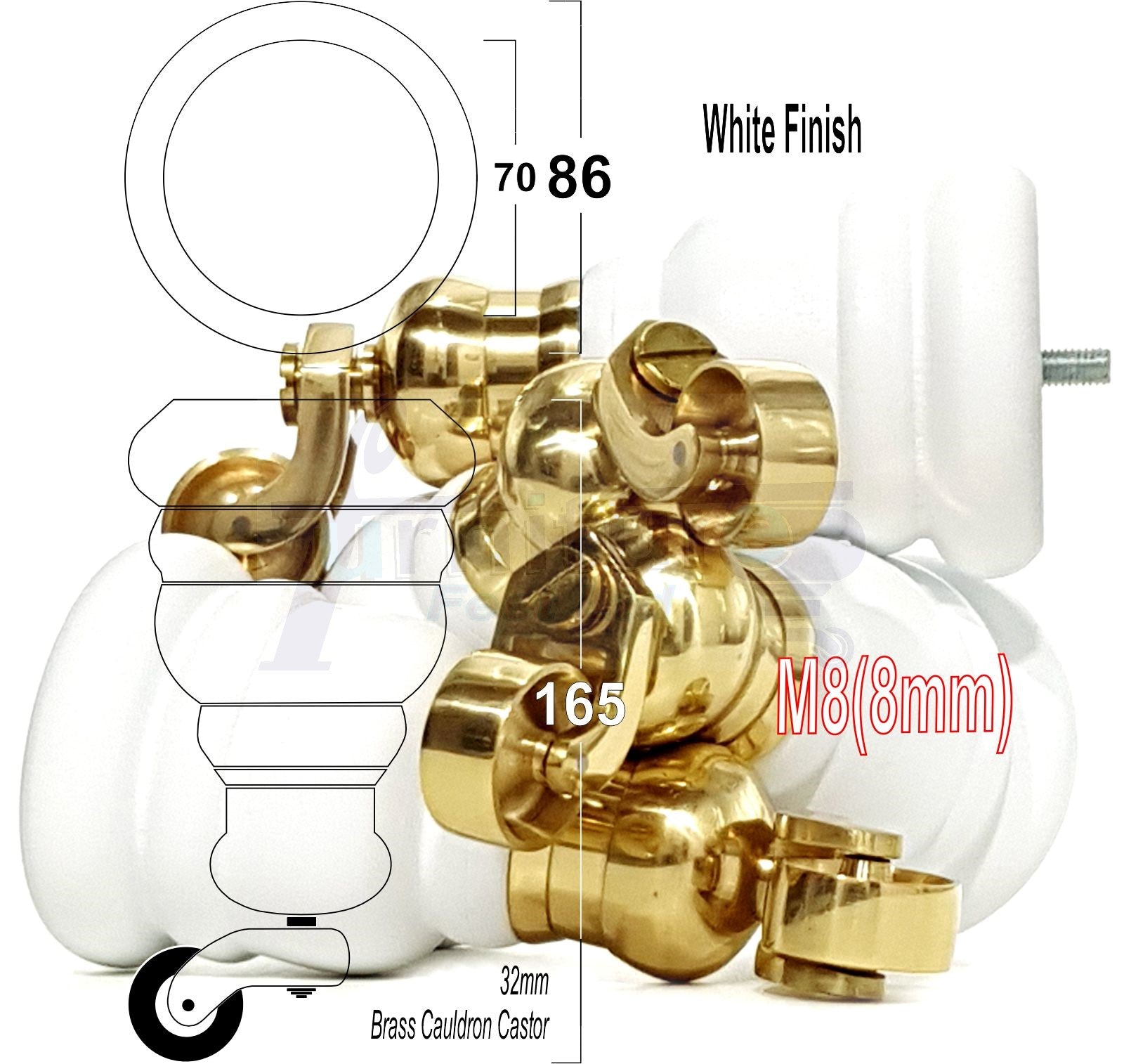 4 Turned Wood Furniture Feet With Brass Cauldron Castors 160mm Legs Sofas Chairs Stools Cabinets Beds M8 6 Inches