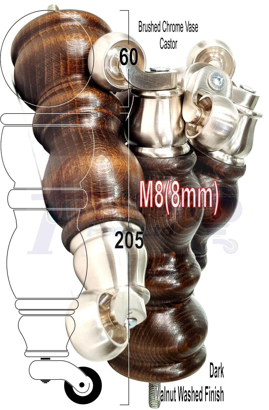 4x Furniture Feet With Castor 205mm High Legs Walnut Wood Finish M8 Sofas Chairs Stools Cabinets 8 Inches Tall