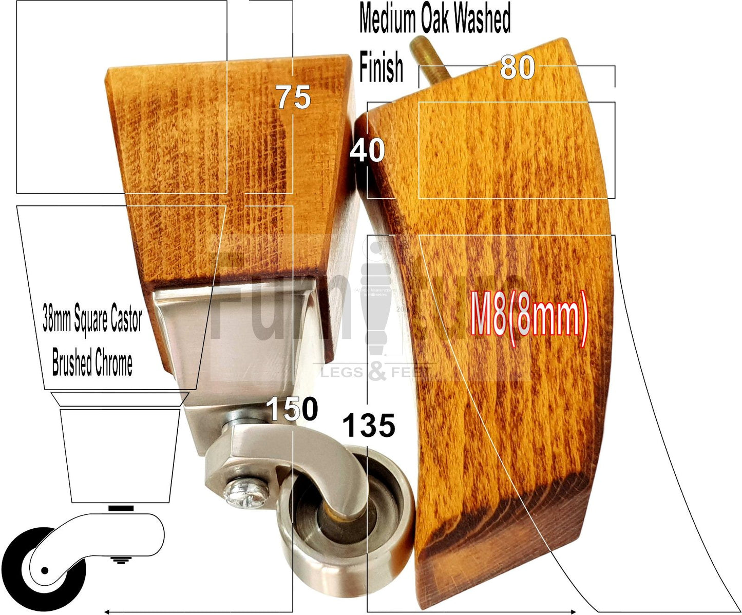 2x Cuved Wood Furniture Legs & 2x Castor Feet 150mm High For Chairs Sofas Settees 8mm Thread