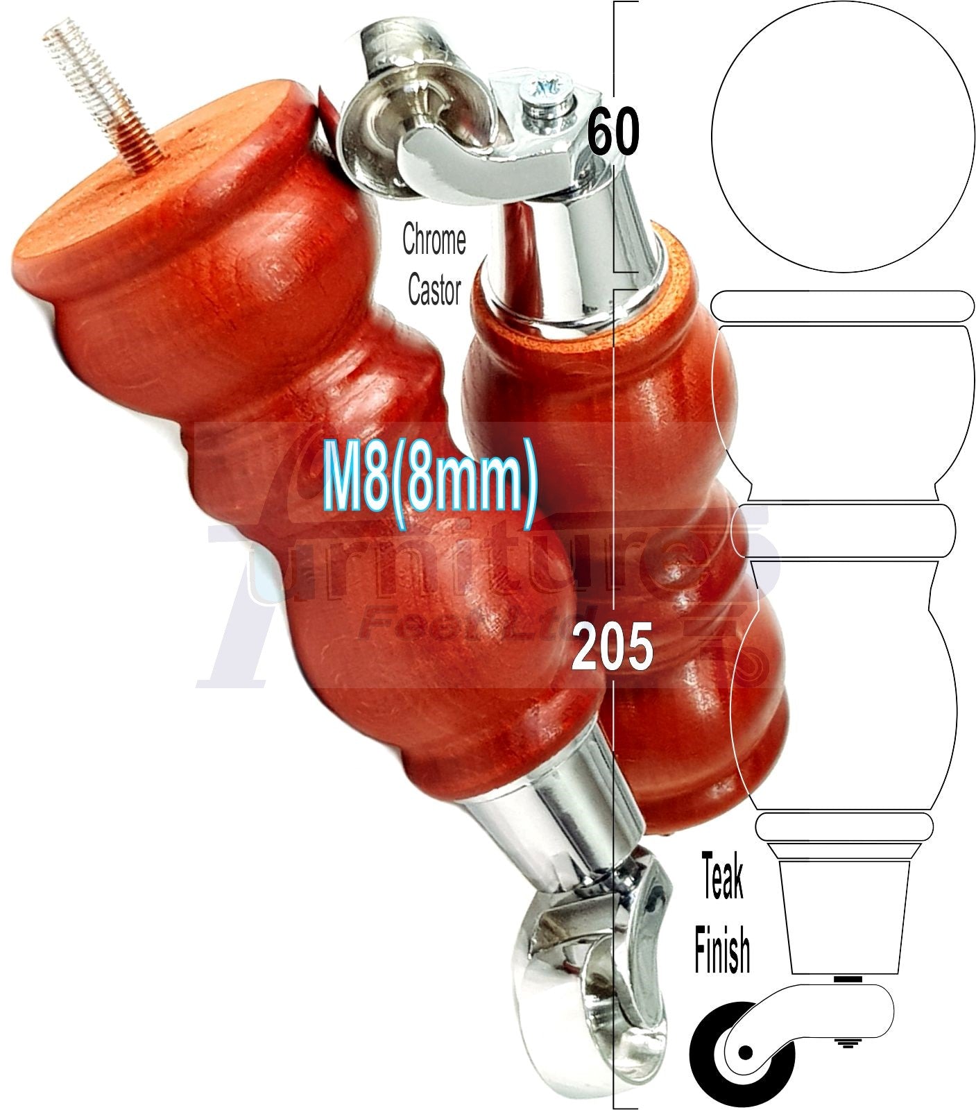 Solid Wood Furniture Feet With Castors Set of 4 Legs 205mm High For Sofas Chairs Stools Cabinets & Beds M8