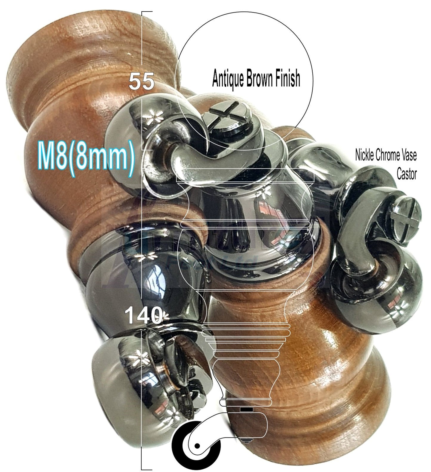 Set Of 4 Turned Wood Furniture Legs With 140mm High Castor 8mm Thread For Chairs Settees & Cabinets Antique Brown