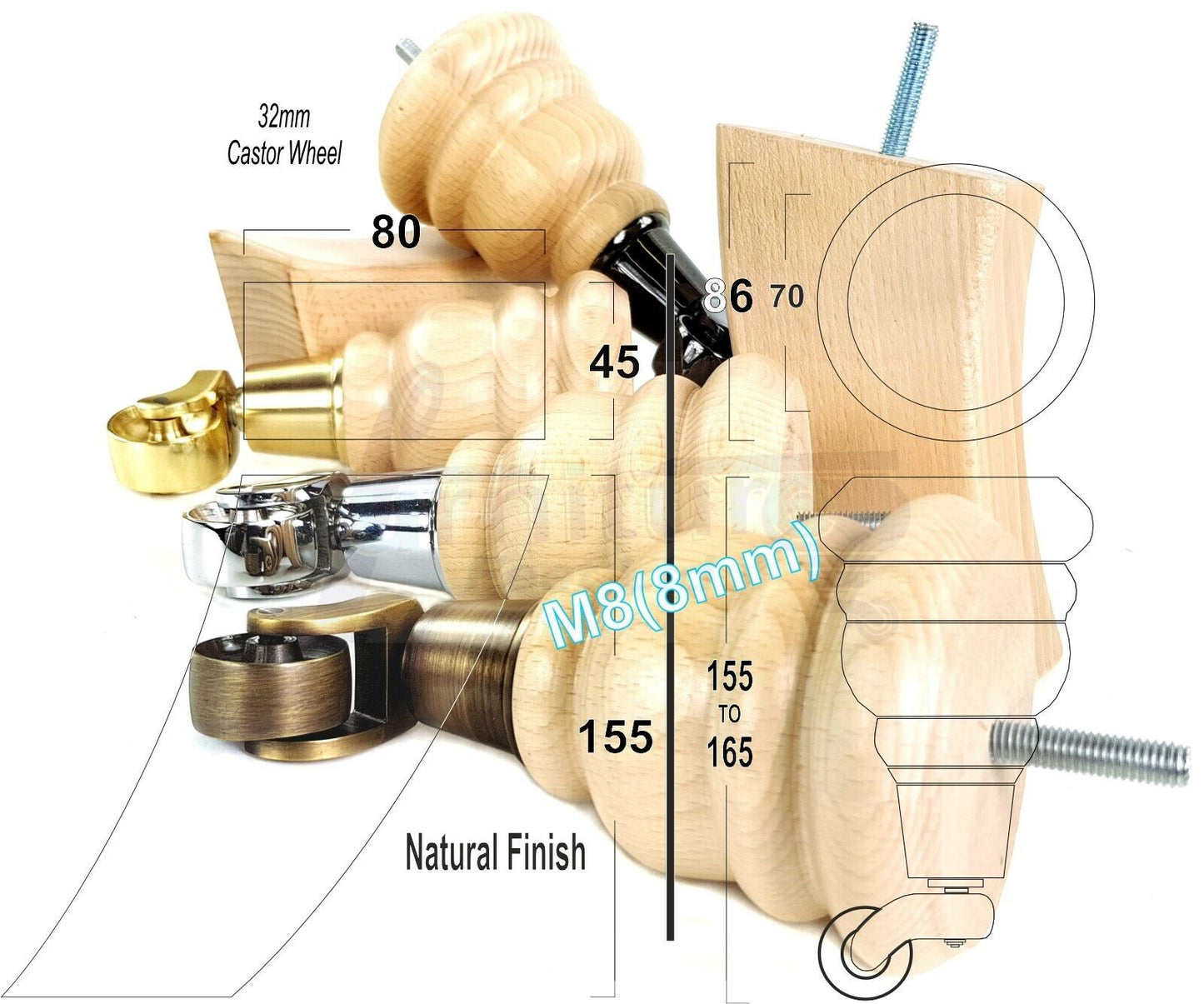 Turned Natural Wood Furniture Feet 2 With Castors 155mm and 2 Curved Back Legs Sofas Chairs Stools Cabinets Beds M8 6 Inches