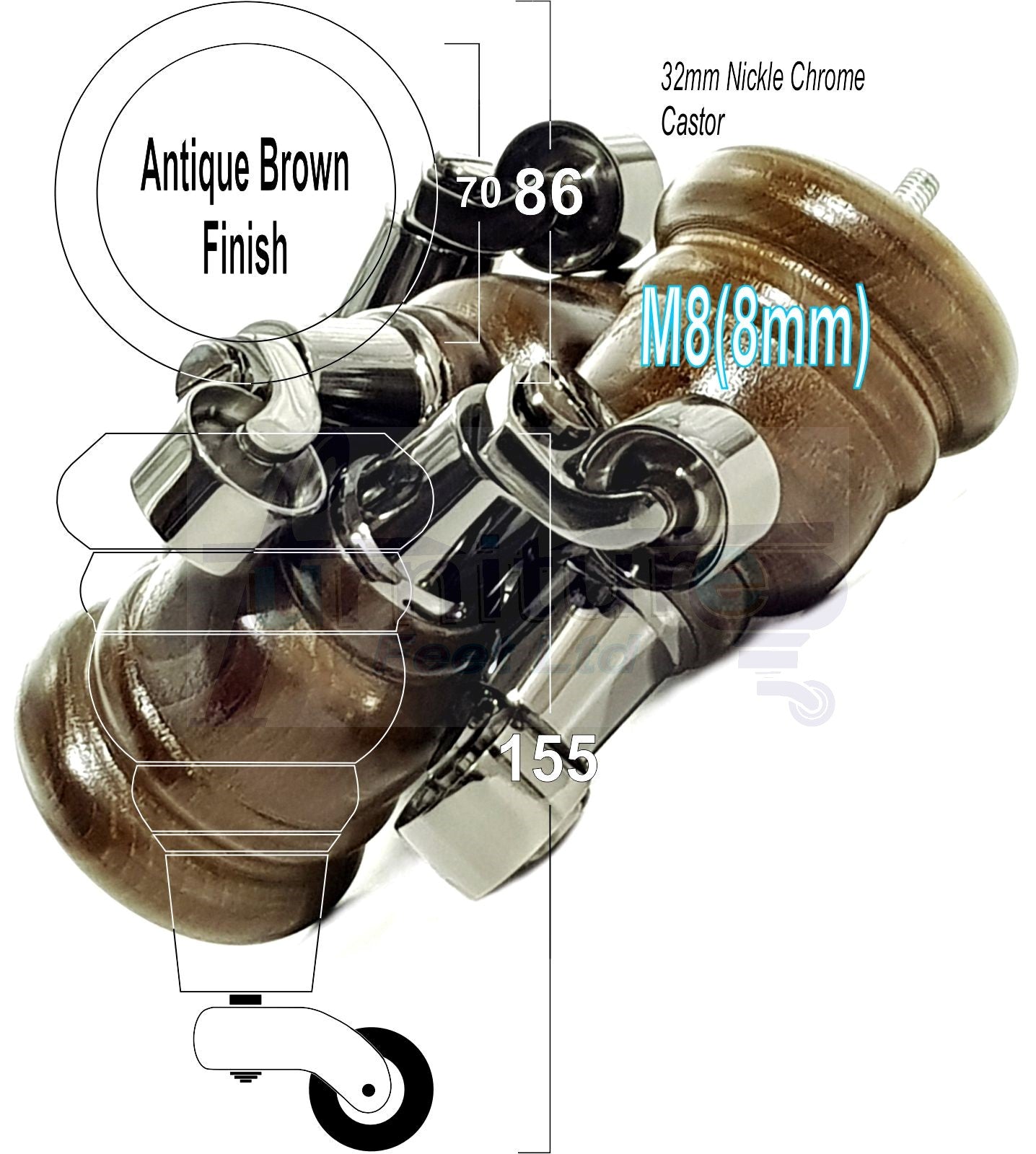 4 Turned Wood Furniture Feet With Black Chrome Castors 155mm Legs Sofas Chairs Stools Cabinets Beds M8 6 Inches